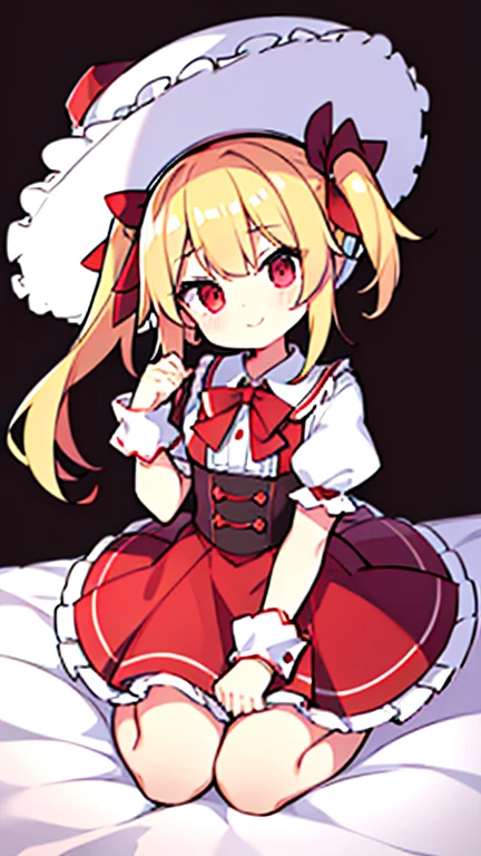 highest quality, masterpiece, High resolution, 一人in, {Flanders_scarlet_East:1.15}, blonde_hair, wing, red_eye, crystallization, 前hair, hin, One_~ side_superior, ribbon, pain_cap, bow, red面, smile, Best, white_hat, red_Best, Ascot, hair_between_eye, red_bow, red_ribbon, superiorper_body, hin_ribbon, yellow_Ascot, short_hair, 1 Girl, looking for_in_Viewer, fluffy_short_Exorcism, fluffy_Exorcism, red_skirt, shirt, short_Exorcism, simple_background, skirt, skirt_set, white_background, white_shirt, Frills, length_hair, wrist_cuffs, Closed_mouth, Frills付き_shirt_collar,フランドールscarlet、red面した顔、Get in bed、betweenmouth、whiteいソフトハット, Red Hat Bow, blondeのhair, Side Ponytail, redいeye, 輝くeye, tooth, redいBest, Short sleeve, puffy sleeves, イエローAscot, redいFrillsskirt,