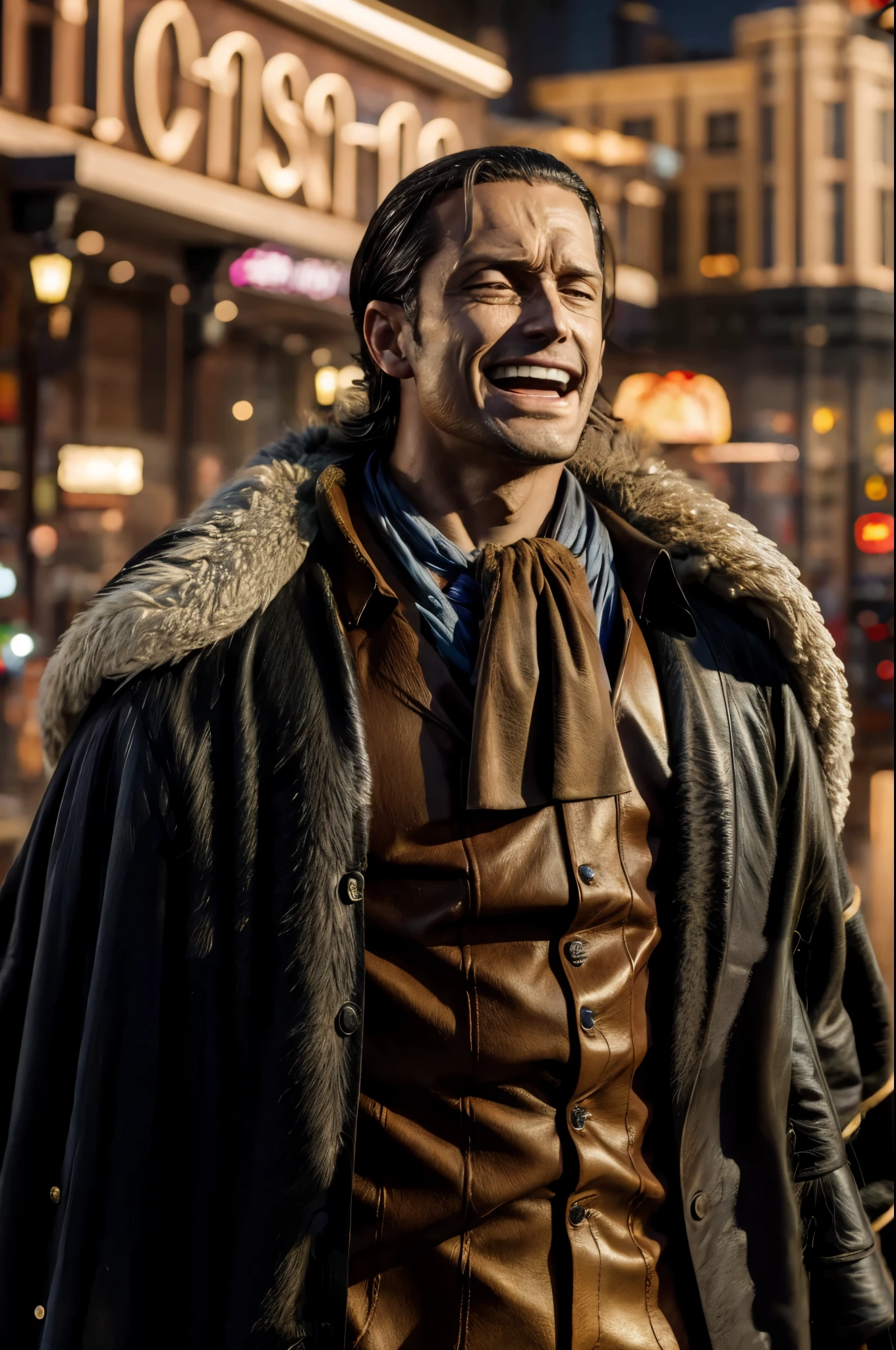 masterpiece, best quality, extremely detailed, hyperrealistic, photorealistic, a cool 40s man, ultra detailed face:1.2, fur-trimmed coat, scarf around the neck, his left hand is a golden pirate hook:1.1, in detailed luxurious casino:1.2, dunamic pose, laughing
