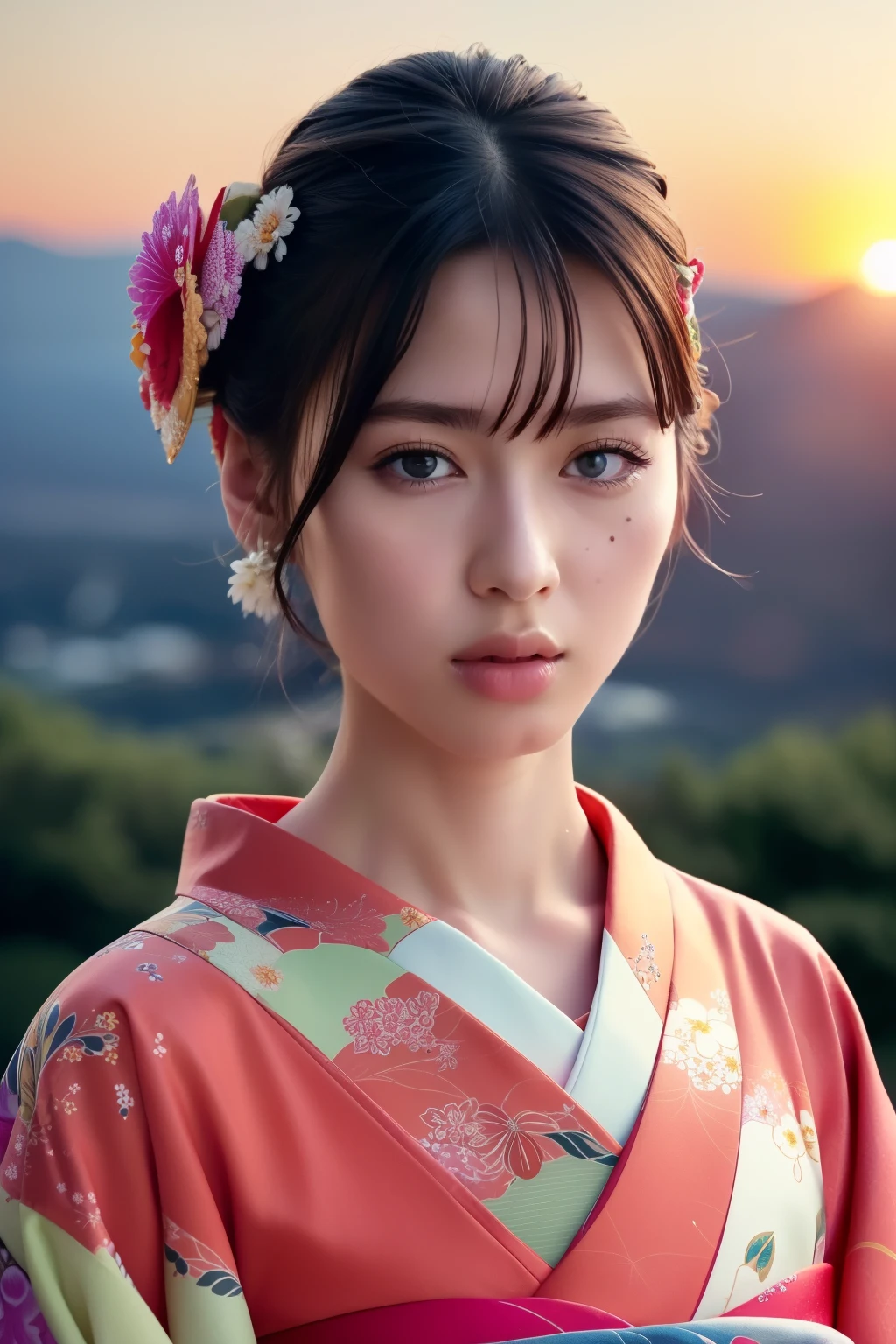 1girl,(wearing a gorgeous floral pattern kimono:1.2),(RAW photo, best quality), (realistic, photo-realistic:1.4), masterpiece, an extremely delicate and beautiful, extremely detailed, 2k wallpaper, Amazing, finely detail, extremely detailed CG unity 8k wallpaper, ultra-detailed, highres, soft light, beautiful detailed girl, extremely detailed eyes and face, beautiful detailed nose, beautiful detailed eyes,cinematic lighting,(on a mountain top,sunrise,new year sunrise),perfect anatomy,slender body,
 (medium hair)