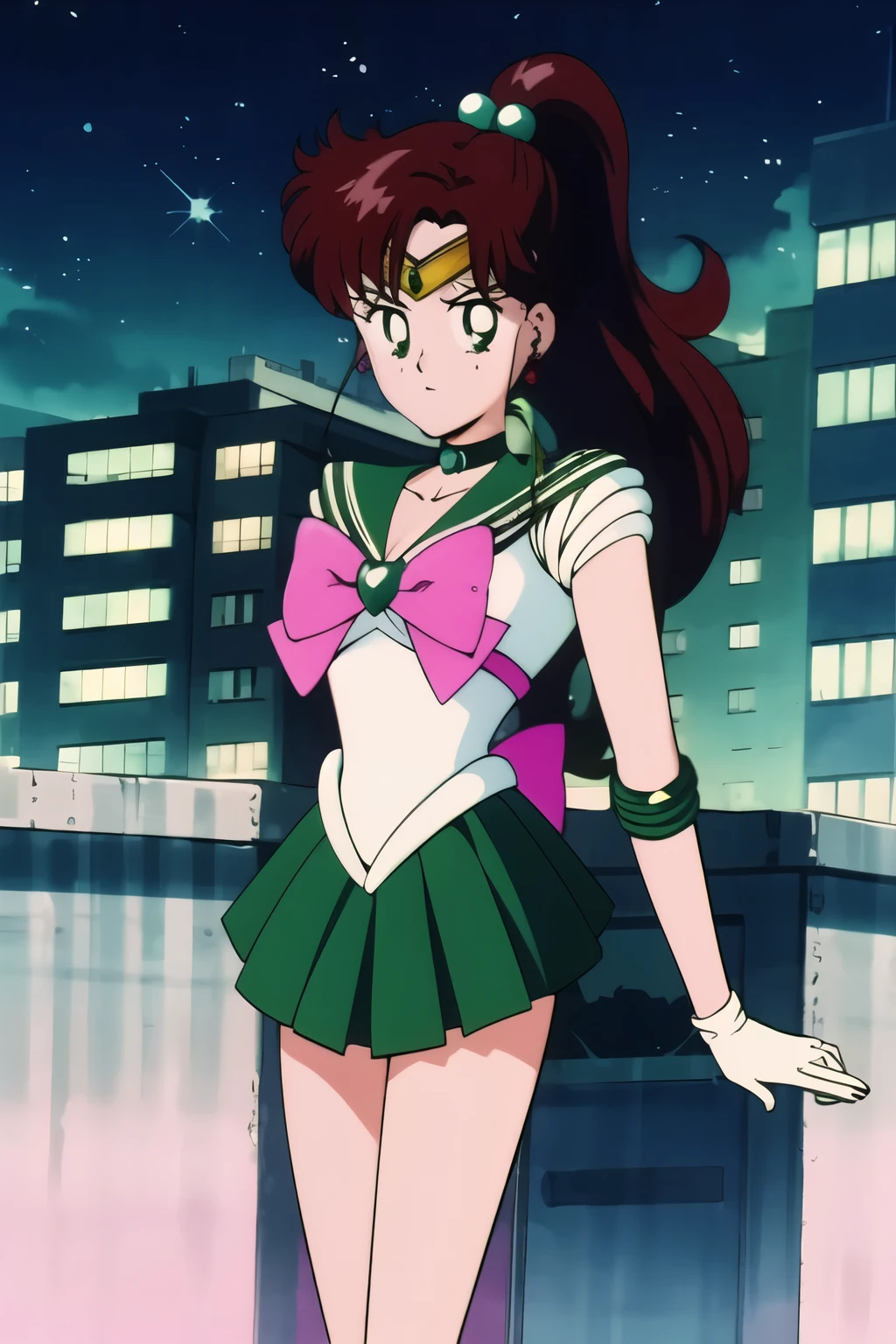 masterpiece, best quality, 1girl, solo, looking at viewer, facing viewer, night, rooftop, city, cityscape, anime screencap,1990s \(style\), (art by Naoko Takeuchi), EPsmSailorJupiter, green eyes, brown hair, long hair, ponytail, hair ornament, hair bobbles, brooch, heart brooch, jewelry, tiara, choker, green choker, star choker, skirt, green skirt, pleated skirt, bow, back bow,  pink bow,  gloves, white gloves, elbow gloves, earrings, sailor collar, star (symbol), green sailor collar, sailor senshi uniform