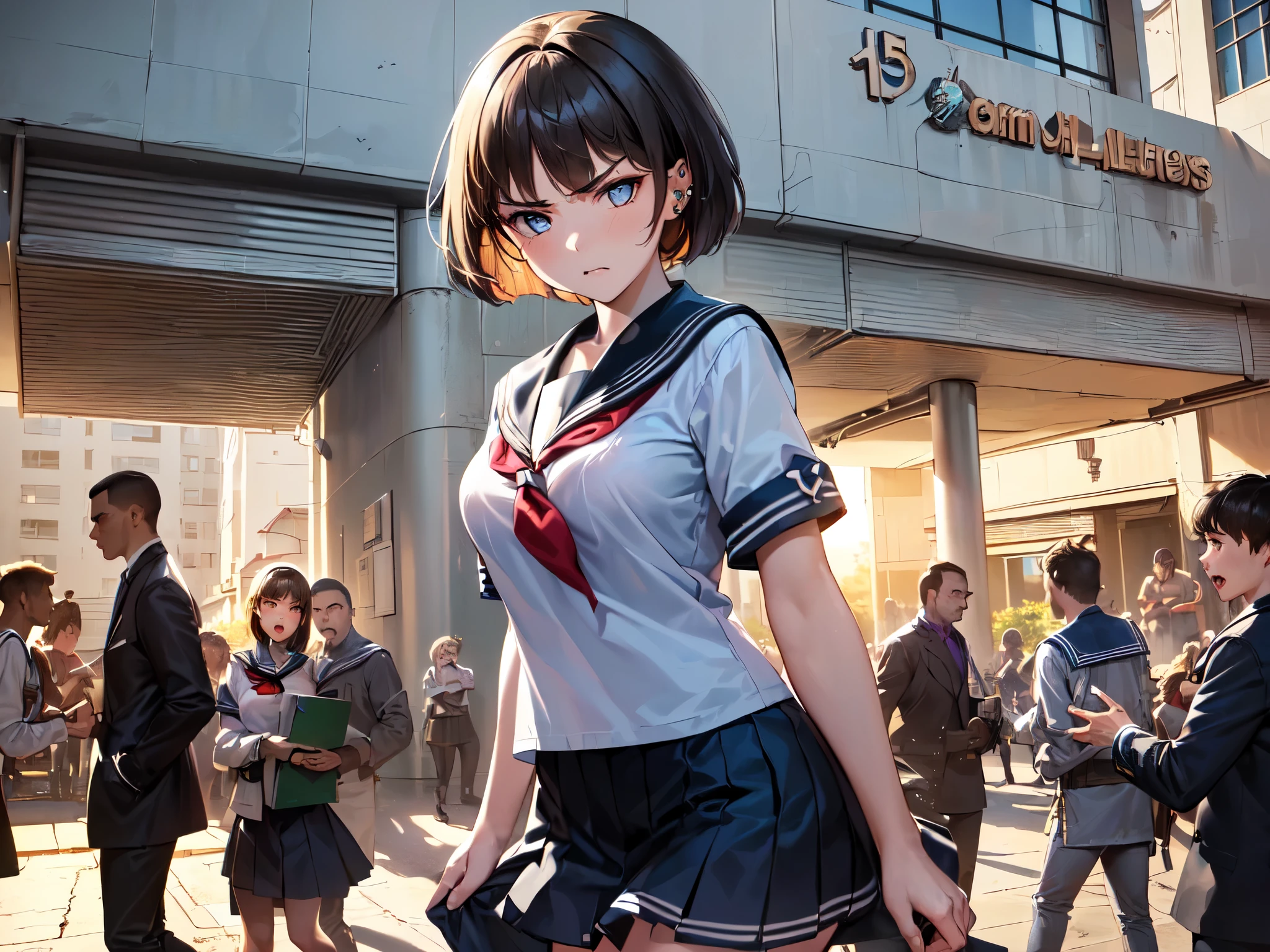 ((best quality, 8k, super fine illustration, extremely detailed CG),(masterpiece:1.7), (beautiful anime style girl ), (serious face:1.3, piercing gaze: 1.6, medium breasts : 1.5), (Sailor suit:1.6),(Short sleeve)、(mini skirt)、tie, (black tie), (Combat Ready: 1.6), (From the side: 1.3), (Outdoor: 1.3), (Colleges and universities:1.5), (In front of the school building entrance: 1.5) ,( cowboy shot:1.4) , (Natural Light:1.2), (Low shutter speed), (3+girls,3+boys,crowd, wandering people):1.5, (wide view:1.6), (motion graphics:1.3)
