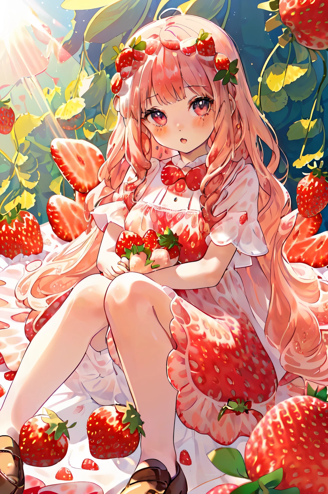 whole body, Long blonde hair, (Strawberry and strawberry flower illustration:1.5), White see-through dress,(((nsfw)))(((naked))) White high heels She lifts up her transparent skirt to reveal her crotch((()))infant She opens her blouse to reveal her breasts tall Lift one leg up (((Urinating)))Leg spread pussy,spread legs,girl,naked,(((open pussy)))((Garden Background))