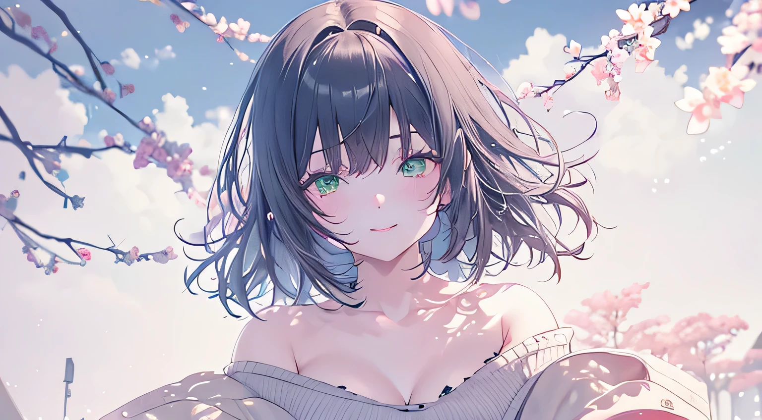 Young Girls, (1 girl), Solitary, black bob haircut, (Black Hair:1,3), (Green Eyes:1.2), blush, (seductive smile:1.1), Big breasts, Thick thighs, Slim waist, Cardigan, Short pleated skirt, (Black skirt:1.2), masterpiece, best quality, (extremely detailed 8k:1.1), 4K, Ultra HD