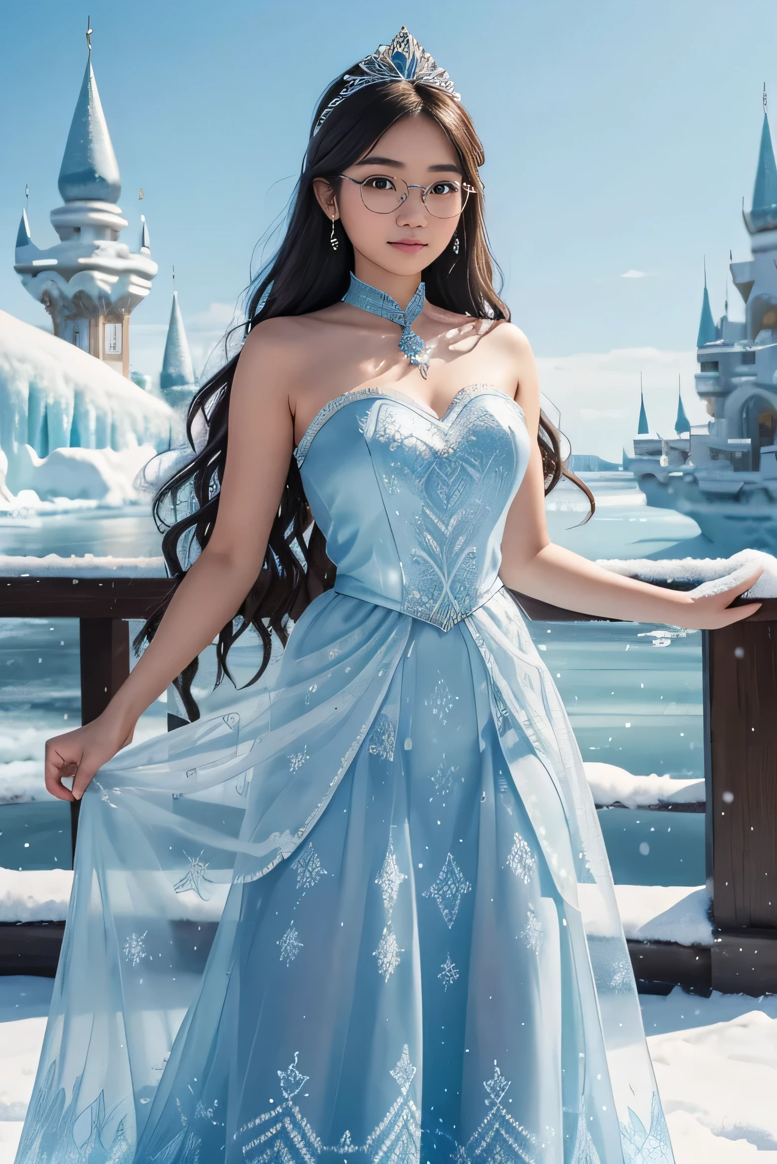 detailed face of half body photo. 25 year old Indonesian girl with a sweet face, big round face and long brown wavy hair, round glasses wearing a luxurious ice blue Elsa Frozen style snow queen Sleeveless and strapless long dress with ice pattern with her hands holding a super long transparant skirt with a magnificent European-style palace made of blue ice in the background