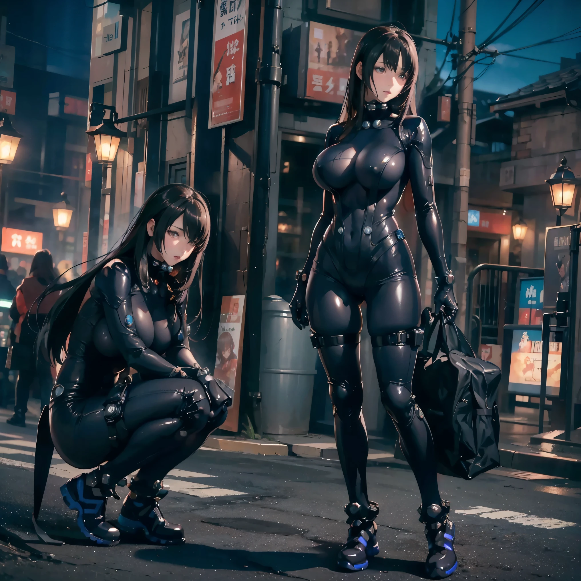 Reika Shimohira、Gantz、Reika Shimohira、beautiful face、1 girl、big breasts、elegant adult woman、beautiful woman、GANTZ、outstanding style、No exposure、full body suit、full body fit suit、luster、night、city、open the thighs