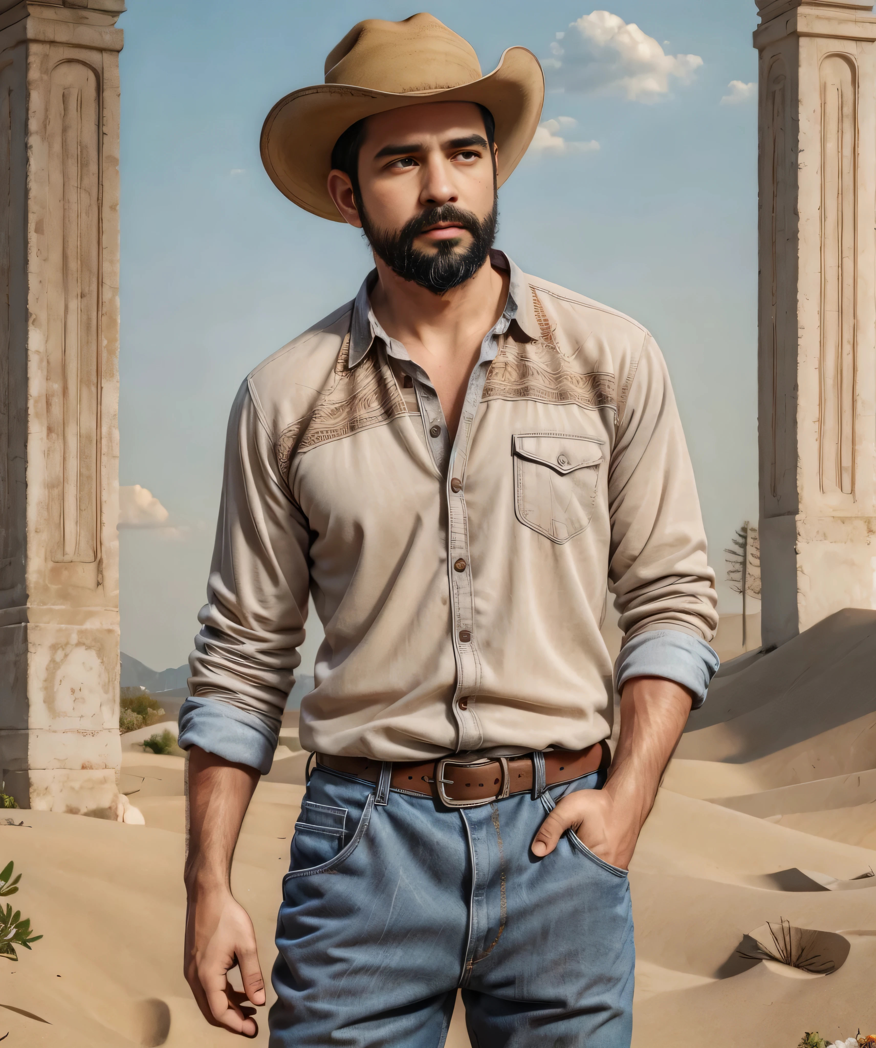 Obra maestra, desenfoque de campo, Parte superior del cuerpo, Hands in pants pockets , 38 year old man with beard and cowboy hat.. Man in checkered shirt in action movie with long guns, con cielo rojo de fondo.