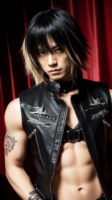 1 male Japanese gothic rocker, Asian eyes, Ultra detailed face and eyes, pretty face, Hyperrealistic, realistic representation,  40  years old, muscular, broad shoulders, wearing black rocker clothes, he wears boots, wears long leather pants, hairstyle: Visual Kei, blonde hair, black hair, full body 