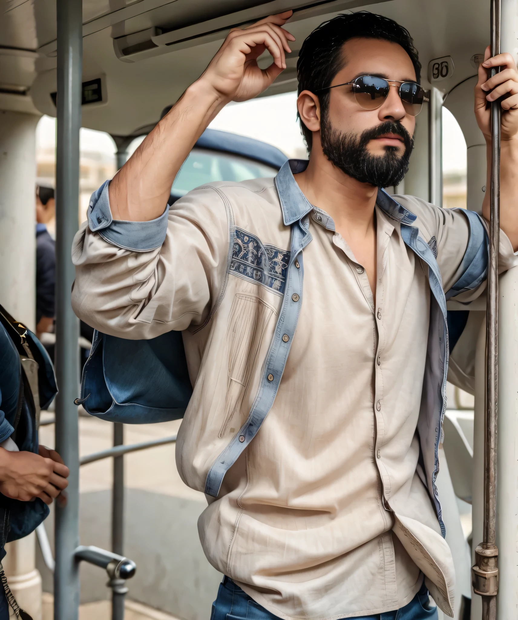 Parte superior del cuerpo, 38 year old man with beard and sunglasses.. Hombre vistiendo ropa formal con camisa de manta, by public transport .