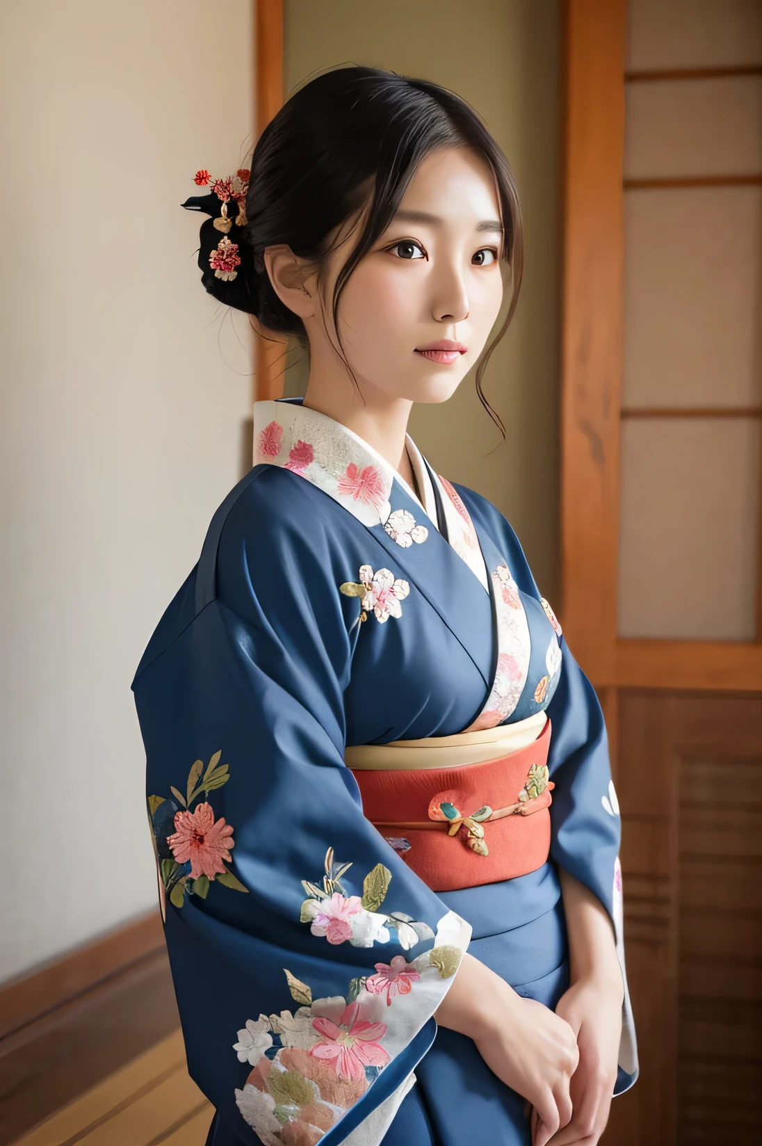 A woman in a kimono, almost from the front, Japanese, 20 years old　Embroidered on the collar　antique kimono