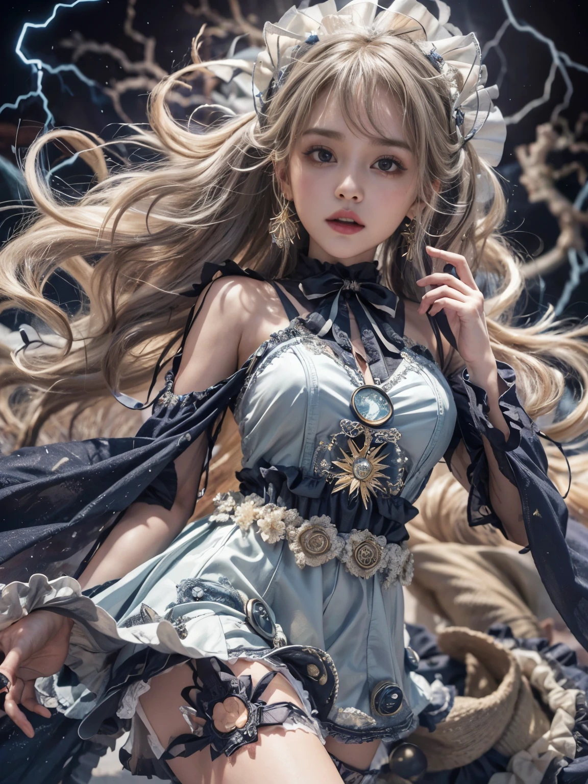 masutepiece,offcial art, Unity 8k wallpaper, Ultra detailed, Beautiful and aesthetic, Beautiful, Masterpiece, Best quality, (zentangle, mandalas, Tangled, entangle), 8K,((Focus on the thighs)),High resolution whole body, surrealism, Cinematic lighting, god light,Layered processing (HD layers, People layer, Background image layer),f/4.0, kanon,(The face is super clear),hugefilesize,Shiny skin,Detailed skin,Detailed face, Detailed eyes, Goddess of the Storm,(ta dress miniskirt:1.5), At the top of a huge canyon, (The wind was blowing violently), Hair similar to the color of wind and lightning, nakeness, Bare chest, No top, Show off , (Storm vortex pendant, Lightning earrings, Dark clouds loom like a storm, A thunderous scene,Sky thunder and lightning scattered together),