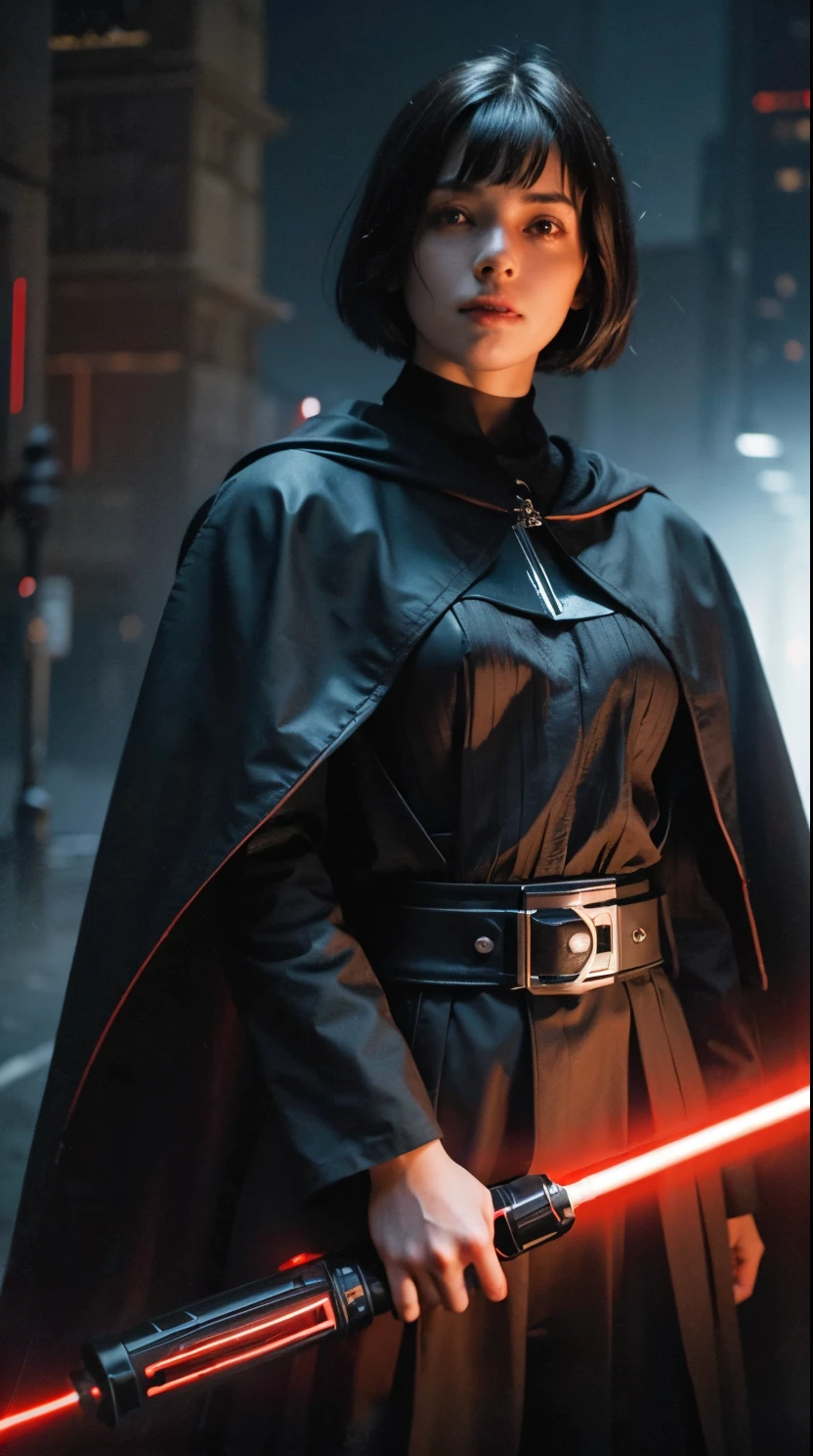 15 years old girl, short bob cut black hair, bang, evil grin, pale skin, sith lord from star wars, wearing dark armor, black cape, holding a red lightsaber, modelling pose, cowboy shot, Ultra high res, uhd, (photorealistic:1.4), lighting from below