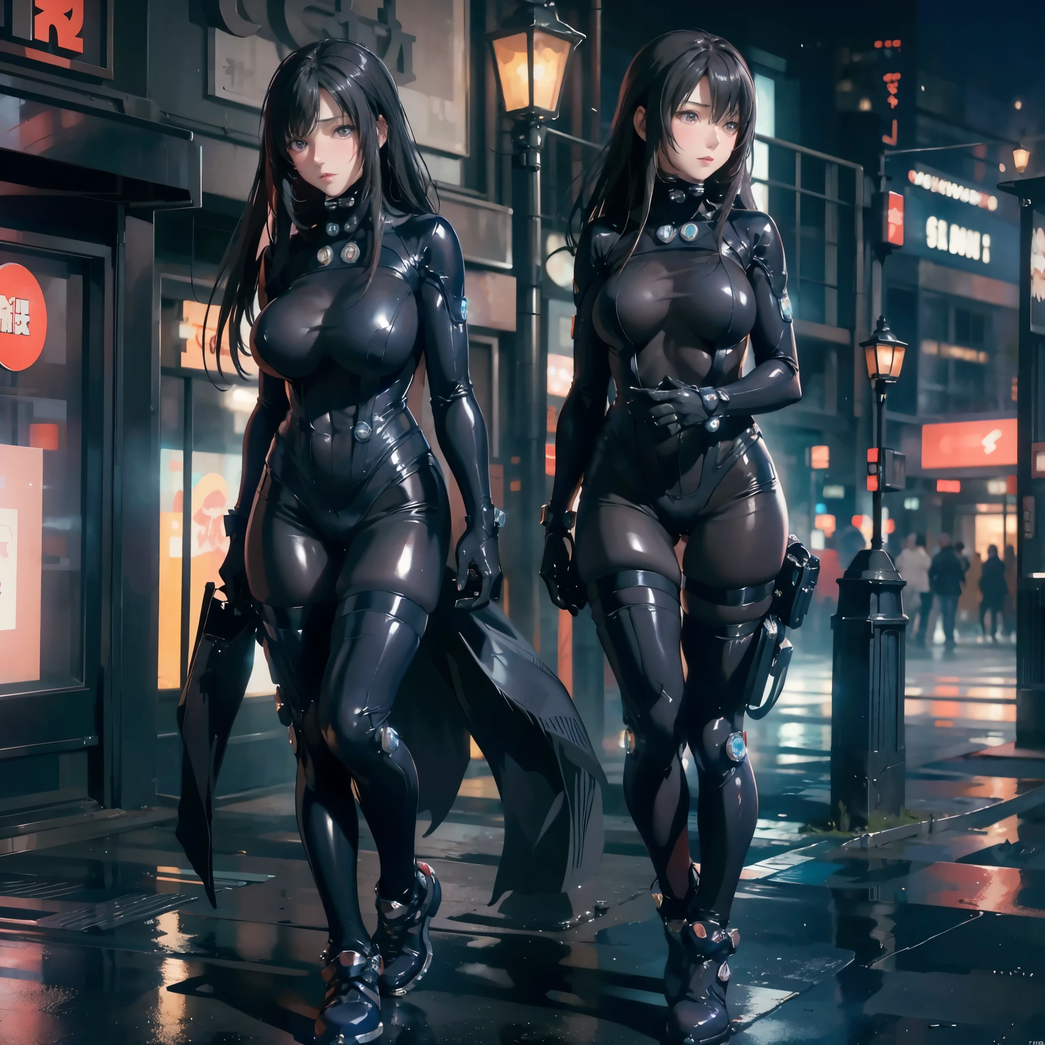 Reika Shimohira、Gantz、Reika Shimohira、beautiful face、1 girl、big breasts、elegant adult woman、beautiful woman、GANTZ、outstanding style、No exposure、full body suit、full body fit suit、luster、night、city、open the thighs