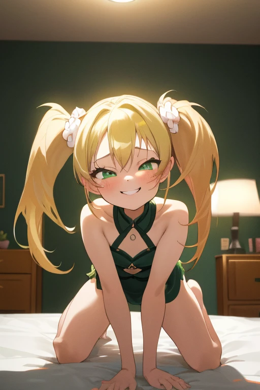 ((Masterpiece)), ((Best Quality)), (Ultra-detailed), ((high definition 4k)) Anime style, Cute, 1girl in, Solo, ((Beautiful green eyes)), Smile, (thin legs), ((on bedroom)), details in the environment, face the lens, full body, lesbian, seductive, seductive smile, seductive eyes, undressing, raped, accurate depiction of the human body, 1 girl, cute, bratty, spoiled, blonde hair, twintails, long hair, cute, bratty, treasing look, dim lighting, green eyes, smiling, sassy, sassy smile, small, blond hair, long blond hair, twintails, twin-tails, golden twintails, blond twintails, (long blond twintails), laughing at viewer, laghing pose, laughing, laughing expression making of at POV, (in a park) (in a park at day time)