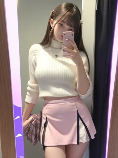 ((Take a selfie with your smartphone facing the mirror)),((front))、((skirt lift , showing panties,skirt lift, skirt lift by myself, clothes lift))、((Glamorous figure))、I can see your panties、The lower half of a woman wearing a pink miniskirt