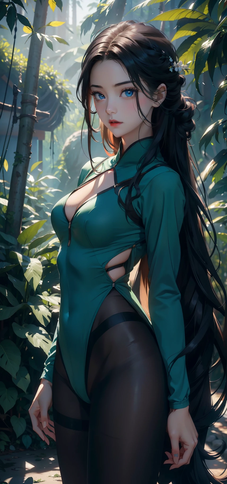 1 female，Small Loli（background：In the woods，Rainforest，In the summer，Strong wind） She has long black hair，Extra long hair，Long hair flying，Straight Hair，Red lips，stand up，Front view， OK， Gloomy sky，（（（masterpiece），（Highly detailed CG Unity 8k wallpaper），最OK质量，Light，详细background，Beautiful blue eyes，（Very delicate and beautiful），（Beautiful and detailed description of the eyes），Super detailed，masterpiece，）），face camera，high resolution，Super detailed），Exposing breasts，Exposing genitals， Convex，Camel toe，Sexy bulge，us airforce（wear：Green flight suit，Black pantyhose）