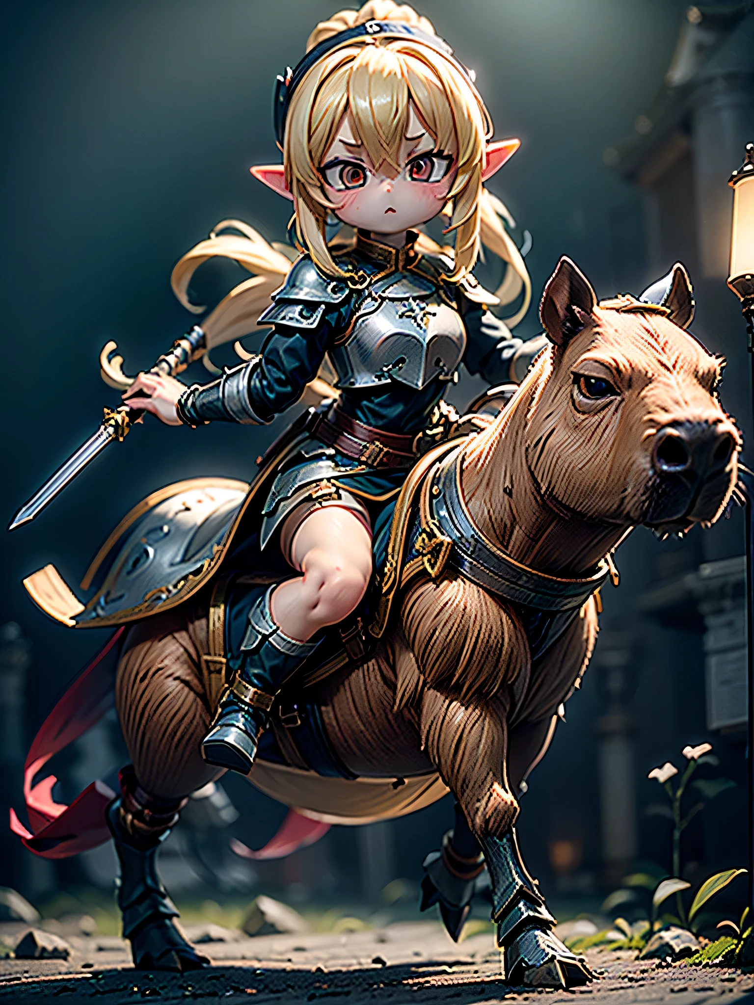 #quality(8k,wallpaper of extremely detailed CG unit, ​masterpiece,hight resolution,top-quality,top-quality real texture skin,hyper realisitic,increase the resolution,RAW photos,best qualtiy,highly detailed,the wallpaper,cinematic lighting,ray trace,golden ratio,), BREAK ,#1elf(chibi:1.6,cute,kawaii,blonde hair,hair floating,knight,white armor,holding spear,cavalryman,attacking enemies, riding on an armored capybara),#background(outside,at battlefield),full body