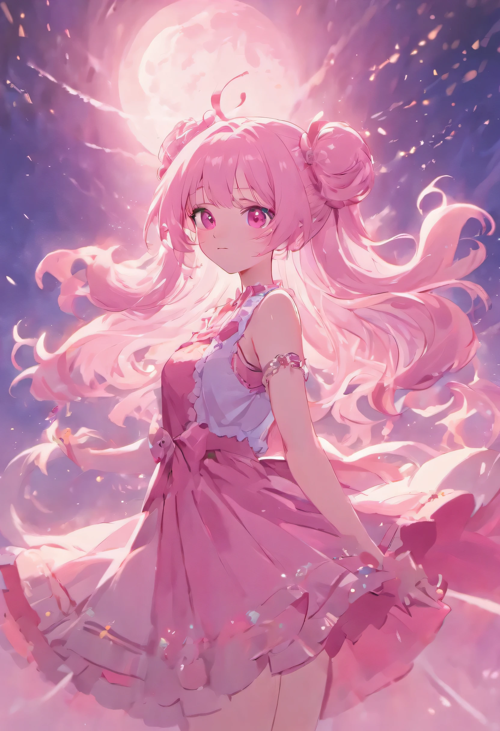 Illustration Style，Pink moon and sky，Soft pink clouds，Sparkling waves，A rose floating in a sea of pink，Fantasy Diamond and Crown，Cosmos，Gentle soft lighting,masterpiece, highest quality, High resolution, {Detailed and beautiful eyes}, finely,  Detailed and beautiful eyes,1 Girl, (alone:1.5),  (Hair Ribbon:0.4), Pink Eyes,Cinematic Angles,perspective,(((White bun hair))),(((long pink hair))),(((whole body))),Refers to 5 books,smile,Kunimi Tama,