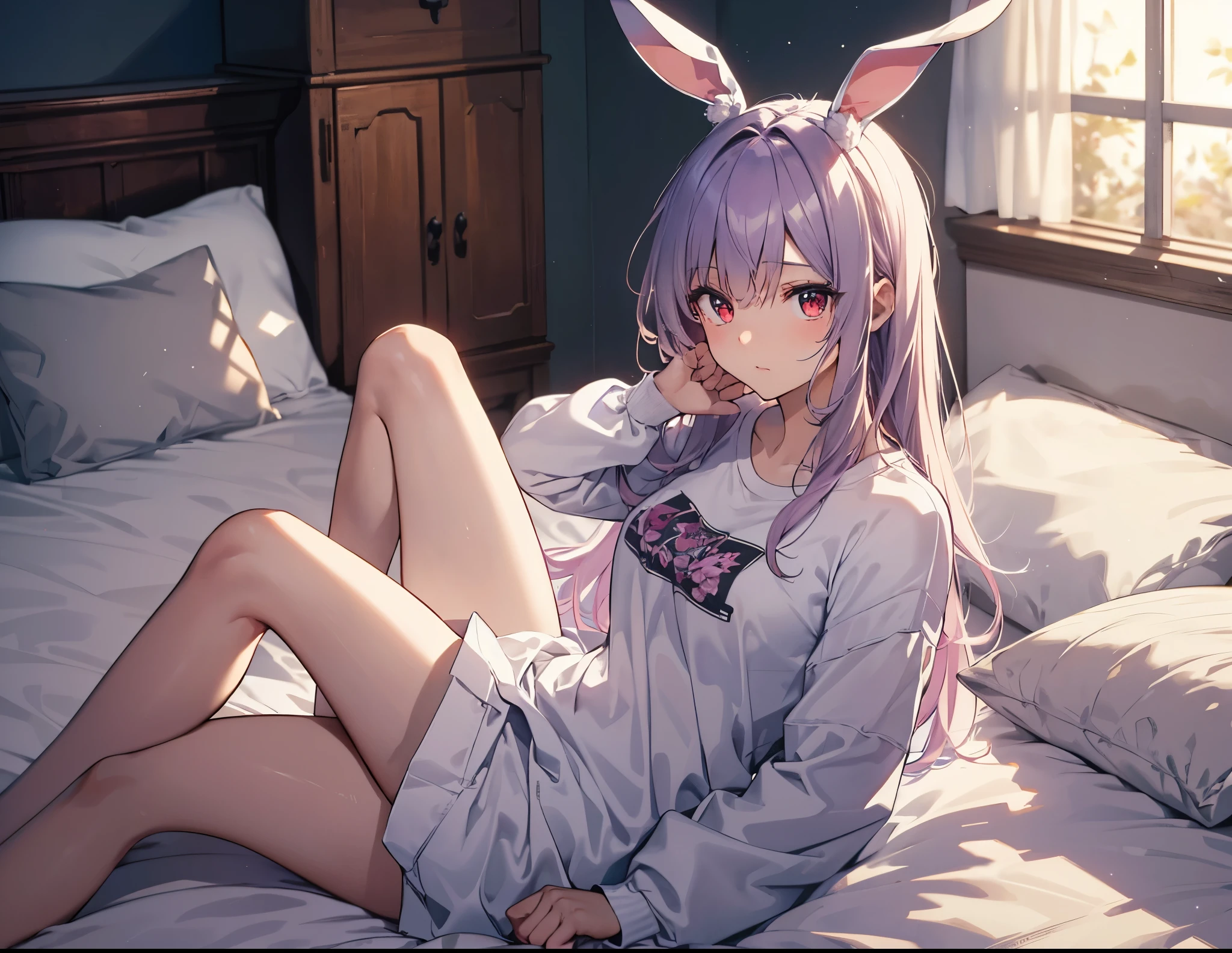 realistic,highest quality, ultra detail, High-quality CG rendering, The most delicate and beautiful, Floating gently, High resolution, (1 girl), (Highest image quality,4K,8K,masterpiece:1.2) ,light purple hair,Rabbit,Bunny ears,long hair,red eyes,(Completely naked:1.5),room,Upper body,lying on the bed,defeated,,(slightly bigger breasts:1.5),sleep,Are sleeping,closed my eyes,open your mouth a little,face down,