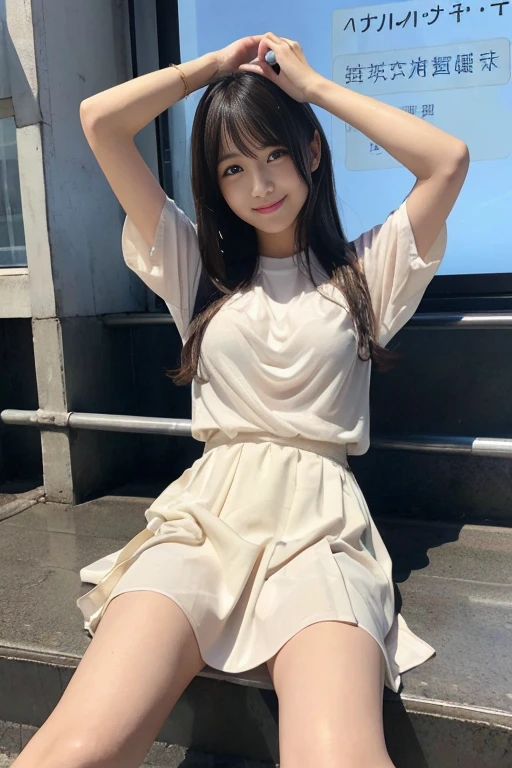 little girl, elementary school, cute face, realistic face, sitting, smiling, naked, white viscous fluid coming out of the body,