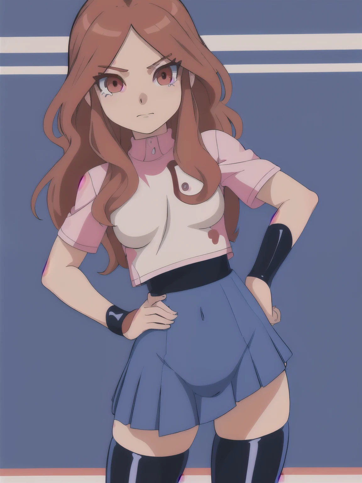 nelly(inazuma_eleven),(best quality:1.1),(ultra detailed:1.1),(detailed eyes:1.1),solo,looking at viewer,sexy,nelly(inazuma_eleven),medium breast,blue leggins,Latex skirt,hand on hips,sexy,big ,senos grandes