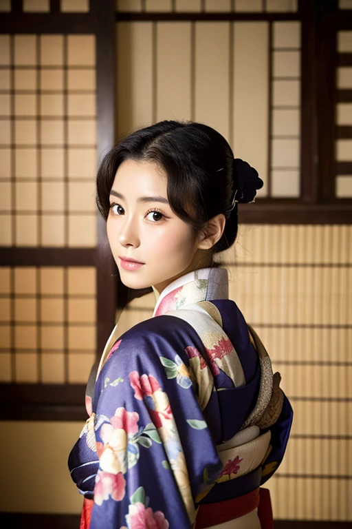 Antique kimono. Body and face posed facing in opposite directions. Japanese 20-year-old