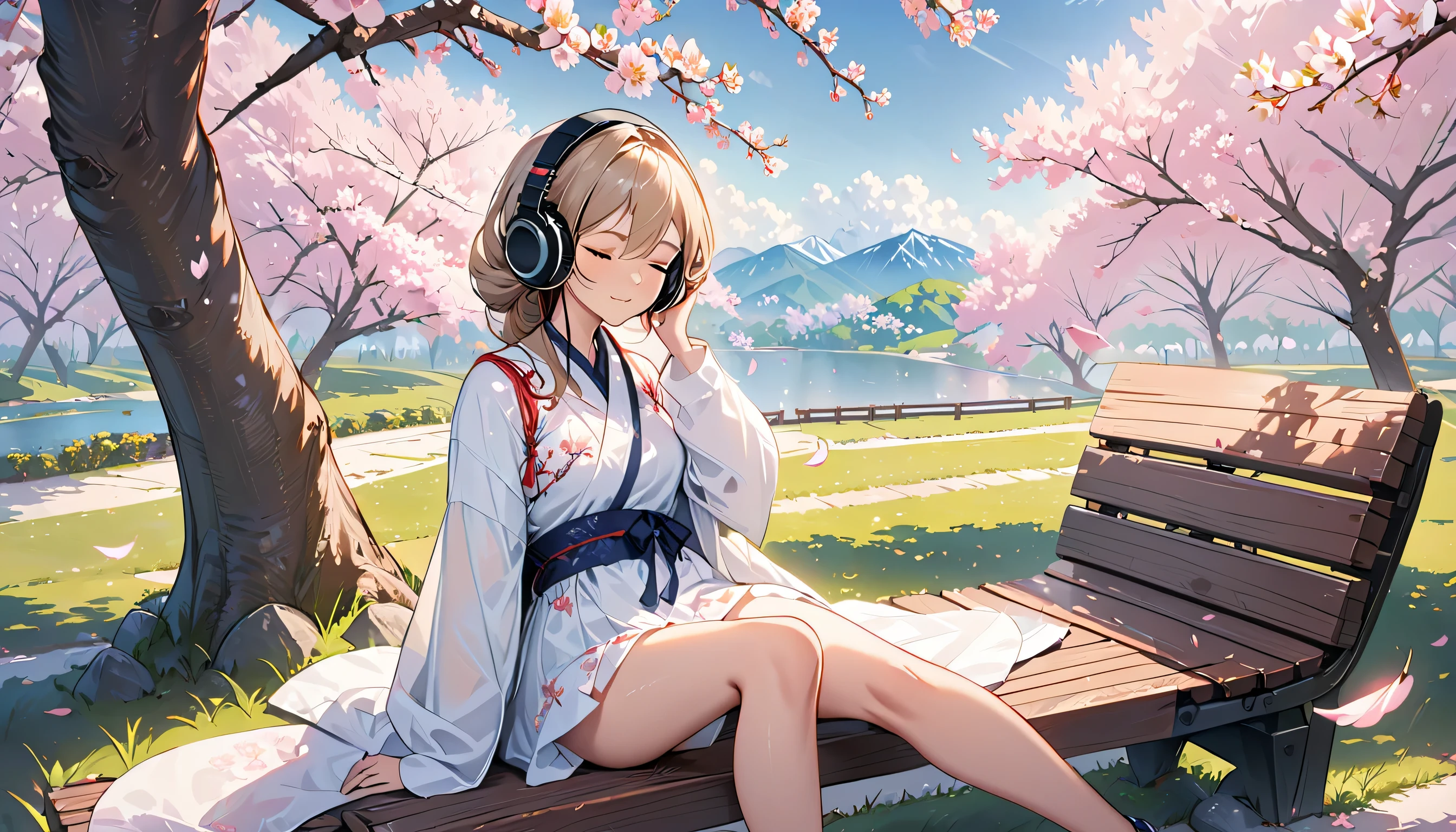 ((best quality)), ((masterpiece)), (detailed), perfect face, sitting under the cherry blossom tree, listening to music, One woman, wearing headphones, eyes closed, wearing underwear, underwear is transparent, sitting on a bench
