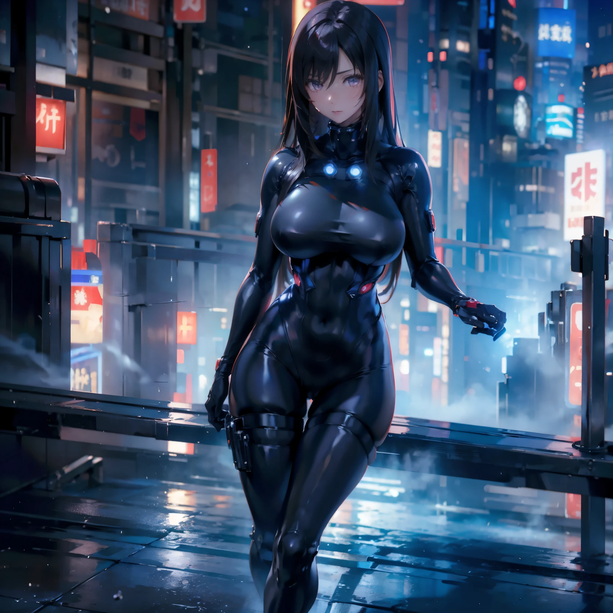 Reika Shimohira、Gantz、Reika Shimohira、beautiful face、1 girl、big breasts、elegant adult woman、beautiful woman、GANTZ、outstanding style、No exposure、full body suit、full body fit suit、luster、night、city、open the thighs