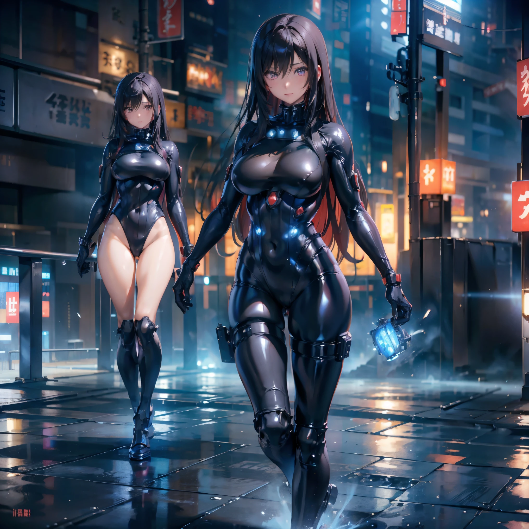 Reika Shimohira、Gantz、Reika Shimohira、beautiful face、1 girl、big breasts、elegant adult woman、beautiful woman、GANTZ、outstanding style、No exposure、full body suit、full body fit suit、luster、night、city、open the thighs