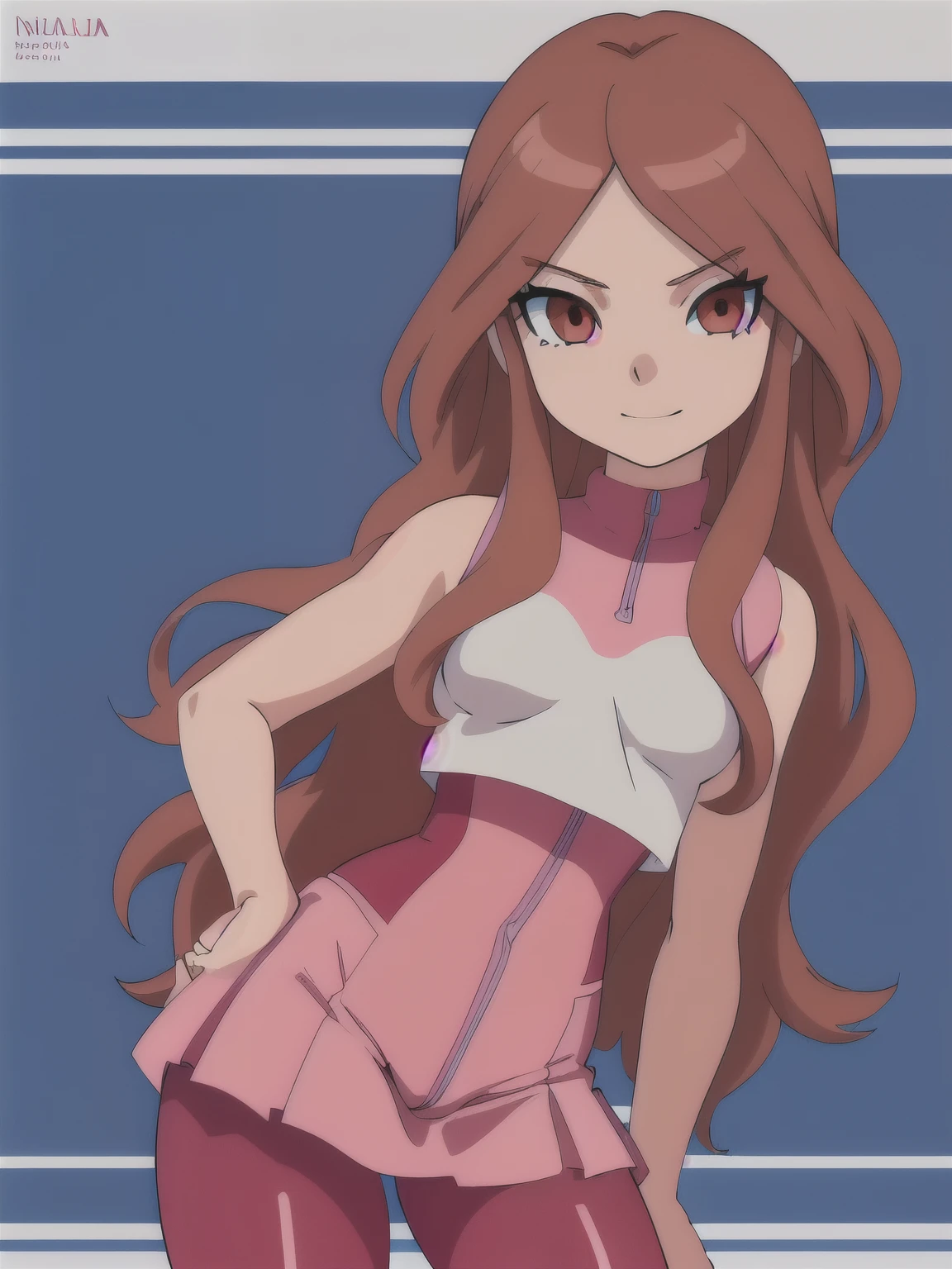 nelly(inazuma_eleven),(best quality:1.1),(ultra detailed:1.1),(detailed eyes:1.1),solo,looking at viewer,sexy,nelly(inazuma_eleven),medium breast,blue leggins,Latex skirt,hand on hips,sexy,big ,senos grandes