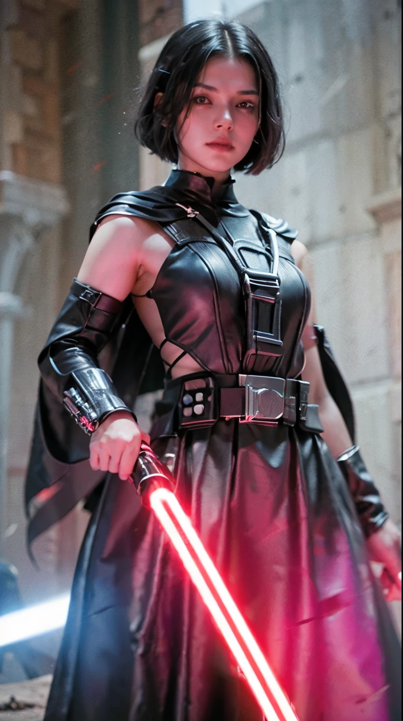 15 years old girl, short bob cut black hair, bang, evil grin, pale skin, sith lord from star wars, wearing dark armor, black cape, holding a red lightsaber, modelling pose, cowboy shot, Ultra high res, uhd, (photorealistic:1.4), lighting from below