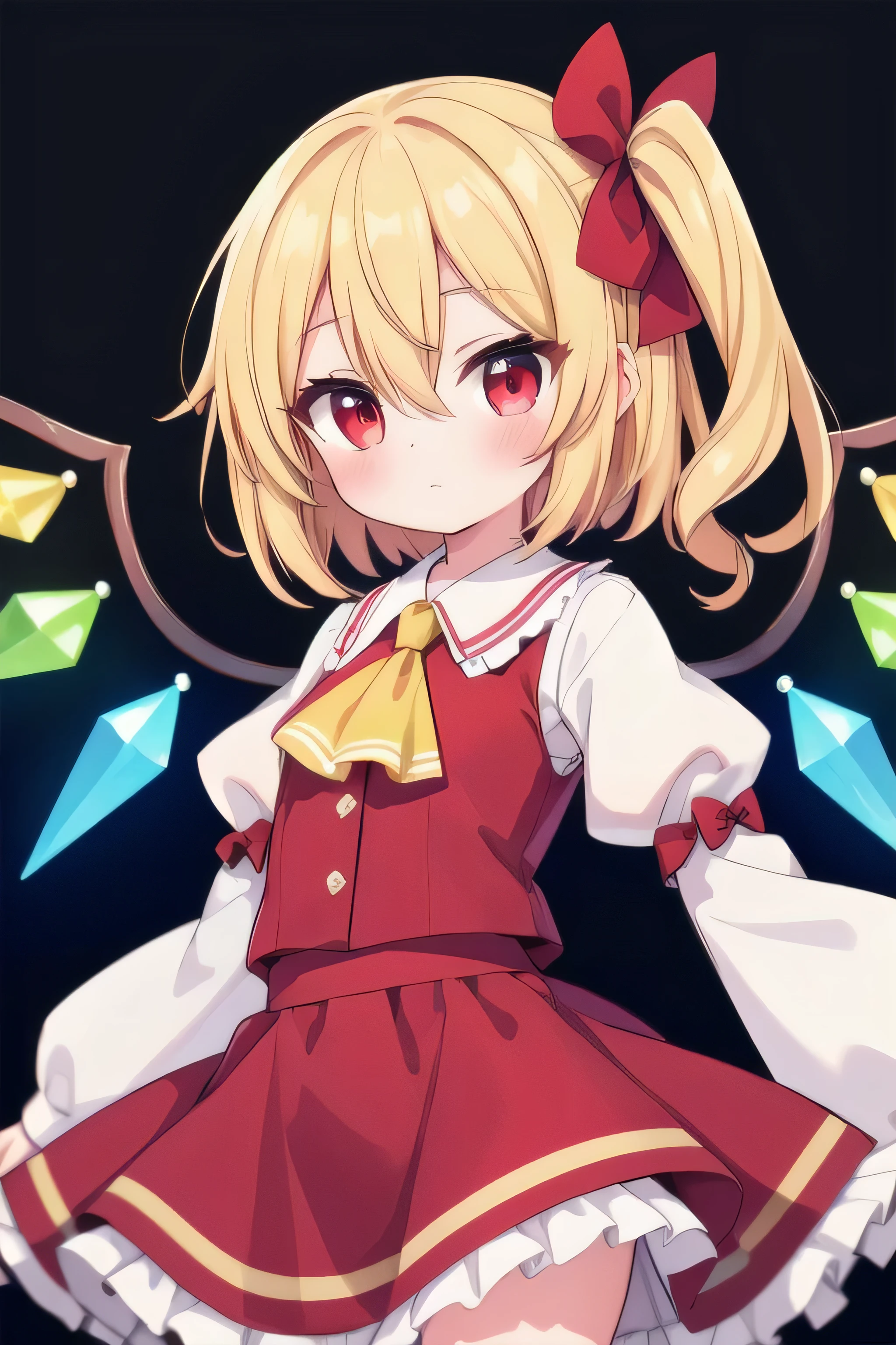 masterpiece, top quality, super detailed, CG illustration, high resolution, better lighting, best shadows, very delicate and beautiful, proper shading, hd, 8k,flandre scarlet, 1girl, solo, looking at viewer, blush, bangs, skirt, blonde hair, shirt, red eyes, long sleeves, bow, hair between eyes, closed mouth, white shirt, hair bow, cowboy shot, wings, puffy sleeves, wide sleeves, nail polish, vest, red bow, ascot, buttons, red skirt, juliet sleeves, adapted costume, no headwear, red nails,  crystal, yellow ascot