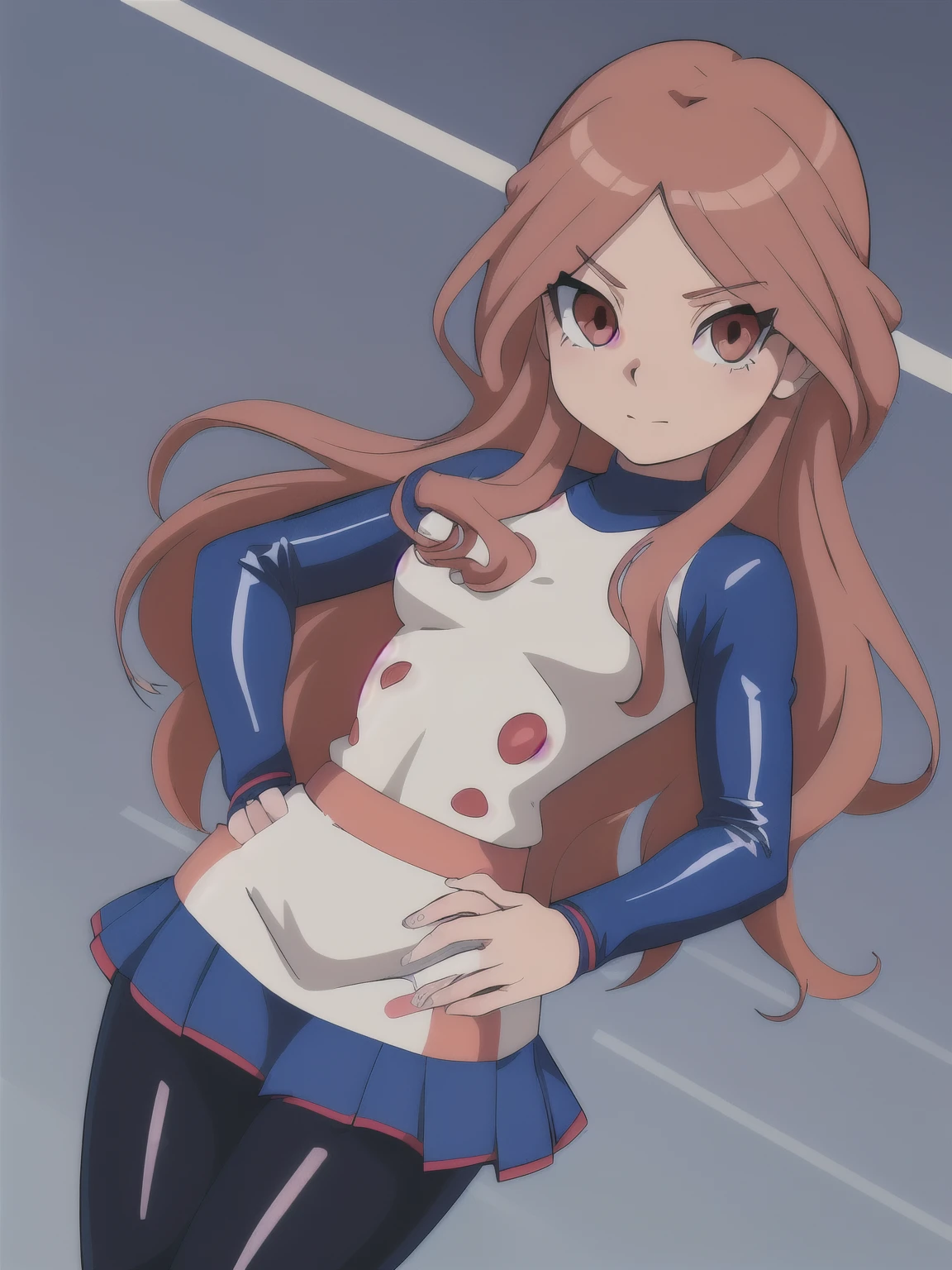 akira toriyama, 1girl, solo, long hair, small breasts, looking at viewer, smug, bangs,criss-cross halter , legs apart, basement