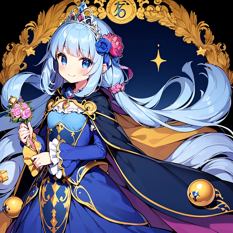 (kawaii),(best quality),(ultra detailed), upper body,(rococo style),(long train deep blue cape:1.15), very long cape,(long train deep blue ball gown with flower decorations:1.05), a girl is wearing a cape over her gown, 1 little princess, tiara, smile, very long hair, small breasts