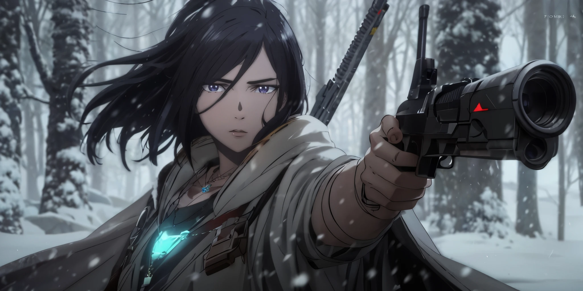 izumi_nase, short hair, black hair, purple eyes, jewelry, necklace, Anime character with gun and wearing cape, in Snowy Forest with falling snow, Alena Aenami and Artgerm, Art in the style of Guweiz, Artgerm Craig Mullins, Badass Anime 8 K, FanArt Best Artstation, Wlop and Krenz Cushart, Artgerm and Atey Ghailan, Artgerm in Artstation Pixiv, "glow effects, godrays, Hand drawn, render, 8k, octane render, cinema 4d, blender, dark, atmospheric 4k ultra detailed, cinematic, Sharp focus, big depth of field, Masterpiece, colors, 3d octane render, 4k, concept art, trending on artstation, hyperrealistic, Vivid colors, extremely detailed CG unity 8k wallpaper, trending on CGSociety, Intricate, High Detail, dramatic", (shaded face:1.2), hollow eyes, purple eyes, looking at viewer, (heavy breathing:1.2), expressionless, lips, glowing eyes, nsfw