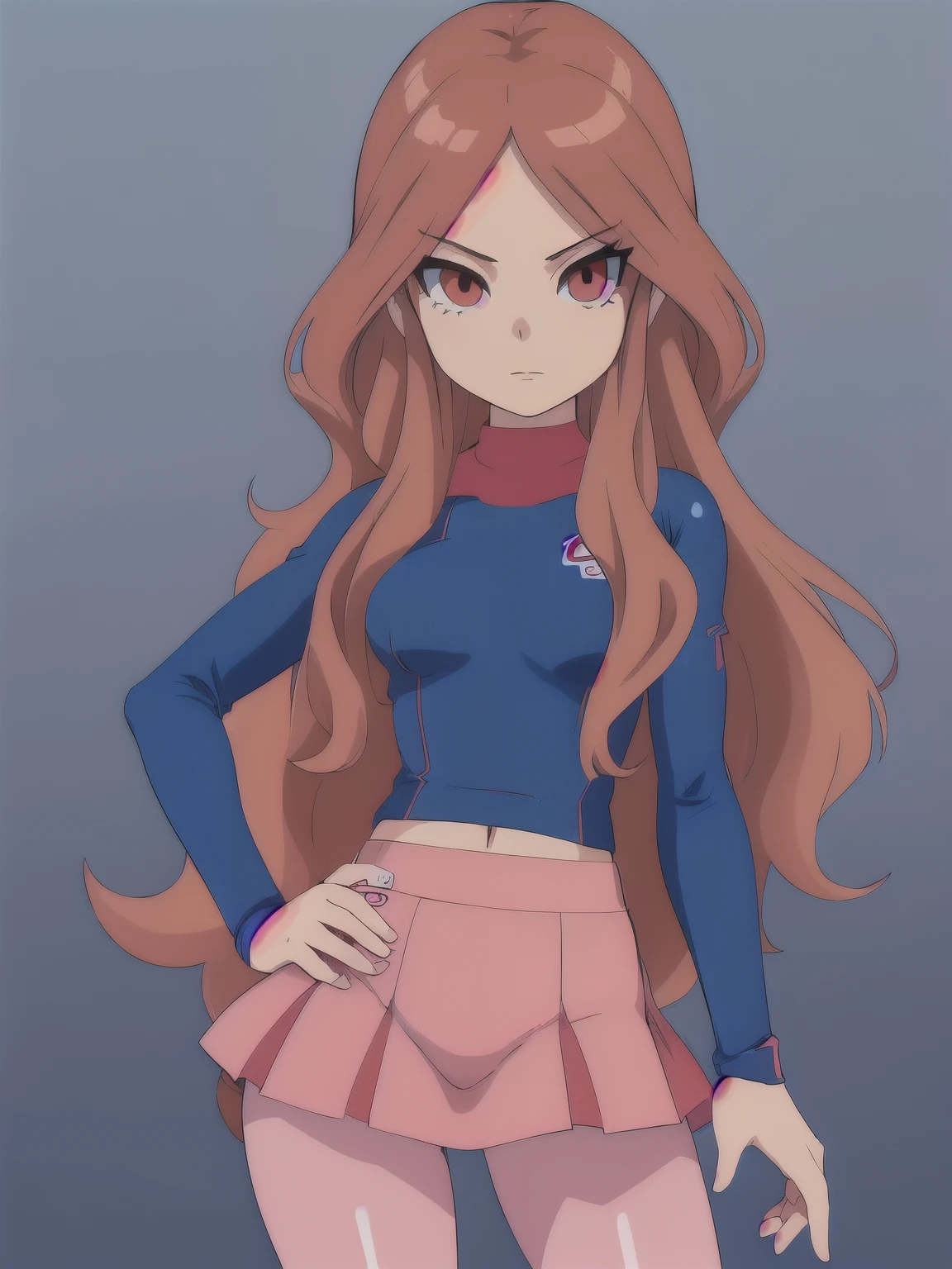 nelly(inazuma_eleven),(best quality:1.1),(ultra detailed:1.1),(detailed eyes:1.1),solo,looking at viewer,sexy,nelly(inazuma_eleven),medium breast,blue leggins,Latex skirt,hand on hips,sexy