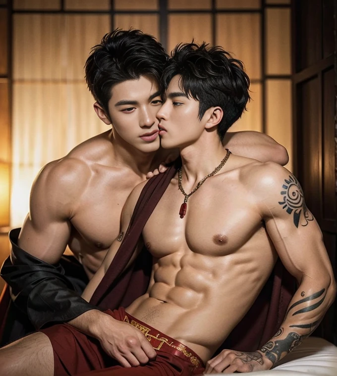 Two  handsome boys kissing, smiling at each other,hugging, kissing, touching lips, cuddle, romantic,skin ship,  , Chinese Men God, Mythology, realistic, Chinese odyssy, super Handsome,manly,  kpop idol, handsome korean actor, 20 years old,, detailed face, manly jawline, detailed mess curly styling hair,  Topless, Muscles, big breast Athlete body, Full Frame,full body shoots, Sexy, realistic, human skin, tattoo breast, Professional studio Lighting, long red tibet wedding Outfit, jade and golden pendent all over , detailed jewery in dress, earings,Chinese ancient wedding Background,out door, super detailed background,look at camera ,  open mouth, sexy Underneathe Underwear, tibet Warrior, Hanfu  red wedding dress,  tibet Male, tibet Nobel, Seduce, Sex Appeals , naked body, tattoo chest, tattoo arms, tattoo hands, tattoo back, tattoo legs , big juicy butts.