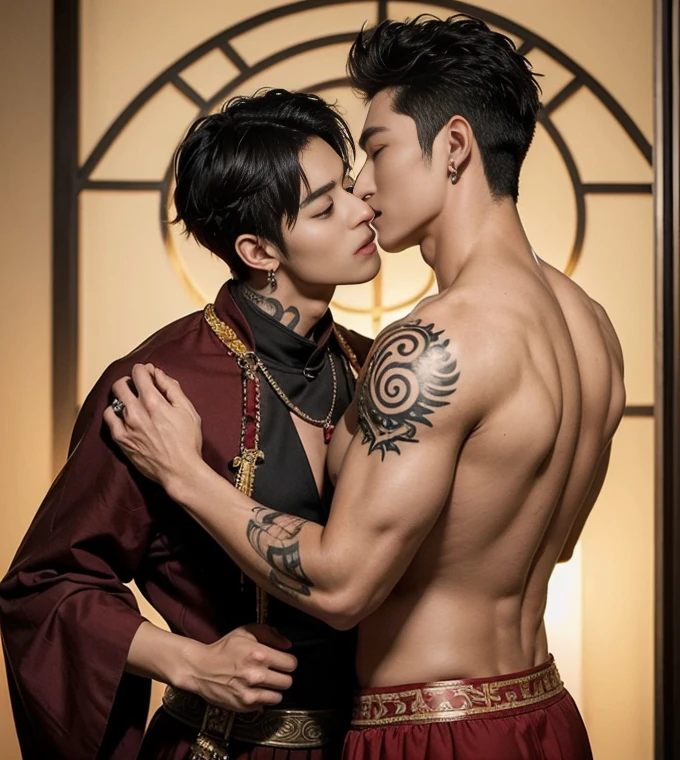 Two  handsome boys kissing, smiling at each other,hugging, kissing, touching lips, cuddle, romantic,skin ship,  , Chinese Men God, Mythology, realistic, Chinese odyssy, super Handsome,manly,  kpop idol, handsome korean actor, 20 years old,, detailed face, manly jawline, detailed mess curly styling hair,  Topless, Muscles, big breast Athlete body, Full Frame,full body shoots, Sexy, realistic, human skin, tattoo breast, Professional studio Lighting, long red tibet wedding Outfit, jade and golden pendent all over , detailed jewery in dress, earings,Chinese ancient wedding Background,out door, super detailed background,look at camera ,  open mouth, sexy Underneathe Underwear, tibet Warrior, Hanfu  red wedding dress,  tibet Male, tibet Nobel, Seduce, Sex Appeals , naked body, tattoo chest, tattoo arms, tattoo hands, tattoo back, tattoo legs , big juicy butts.