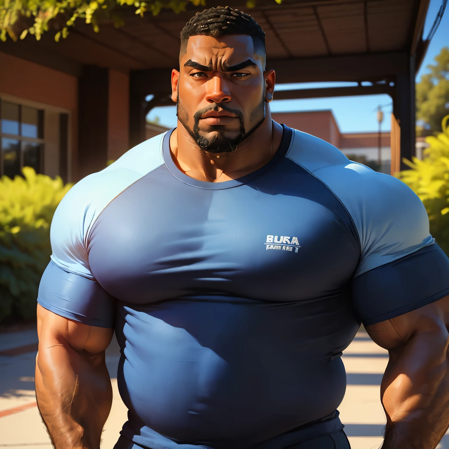 an exaggeratedly muscular and large bodyguard, beefy build, beard, dark-skinned african american male, buzzcut hair with square line, (worried expression: 1.2), (wearing blue college raglan shirt: 1.2), (bara pecs: 1.3), (arm and chest hair: 1.1), portrait HD, (grassy university campus)