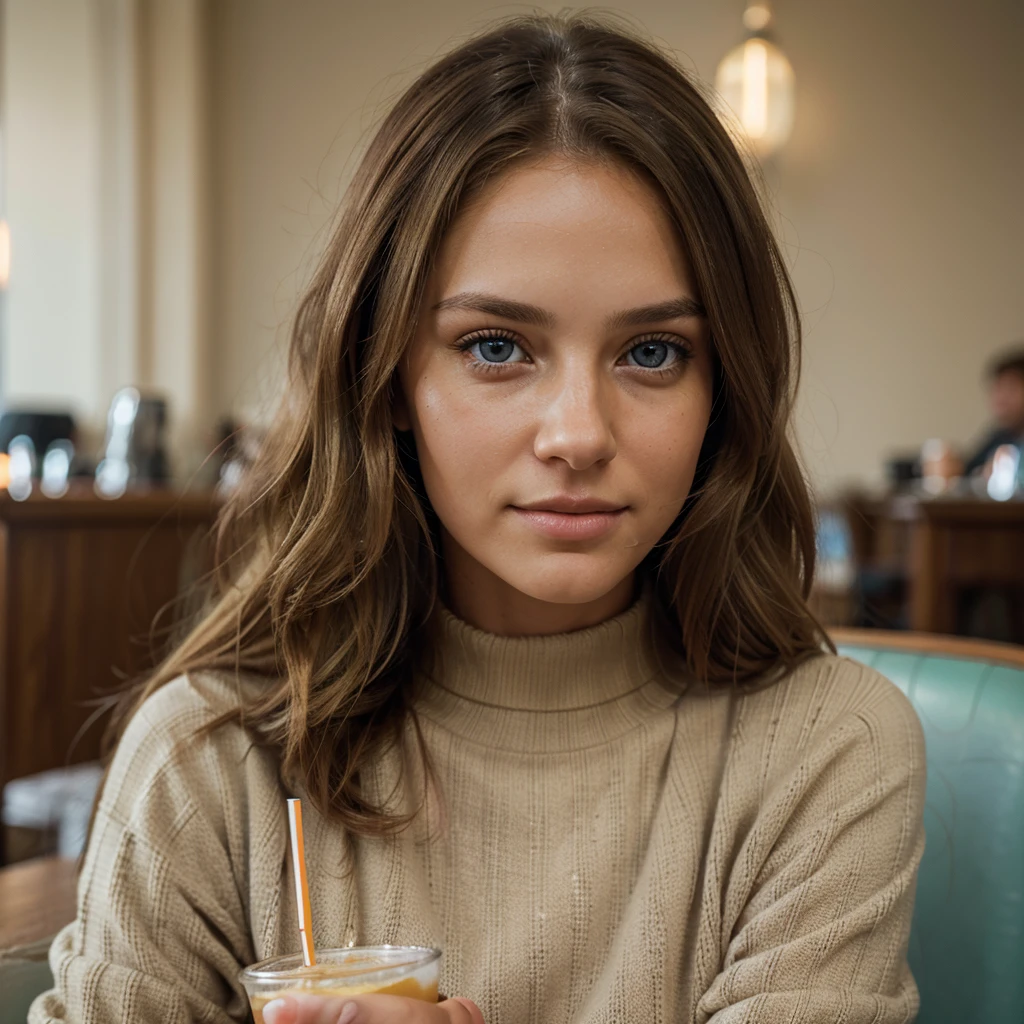 Beautiful brunette with blonde locks in a beige sweater (drinking soda in a cafe), very detailed, 22, innocent face, natural wavy hair, Blue eyes, a high resolution, masterpiece, Best quality, complex high detail, very detailed, sharp focus, detailed skin, realistic skin texture, texture, detailed eyes, professional, 4k, Charming smile, shot on Canon, 85 mm, shallow depth of field, Цвет Kodak Vision, perfectly toned body, Extremely detailed, photor_\(ultra\), photorealistic, realistic, Treatment after, maximum details, roughness, real life, ultra realist, photorealism, photo, 8K UHD, photo