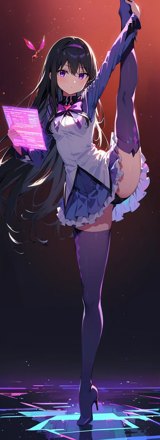 (highest quality:1.2),One girl,alone,Are standing_Split,homu，Magical Girl Clothes，Purple eyes,Long Hair,Black Hair,bangs，Hair between the eyes,pixelated background,Neon Light,SF color scheme,Vibrant colors,Metallic texture,detailed shading,Holographic interface,Dark atmosphere,High Contrast,Sharp focus,twig of hair,Reflective surface,Exquisite detail,High resolution,Studio Lighting,Red accents,Illuminated surroundings,Artificial Intelligence Assistant