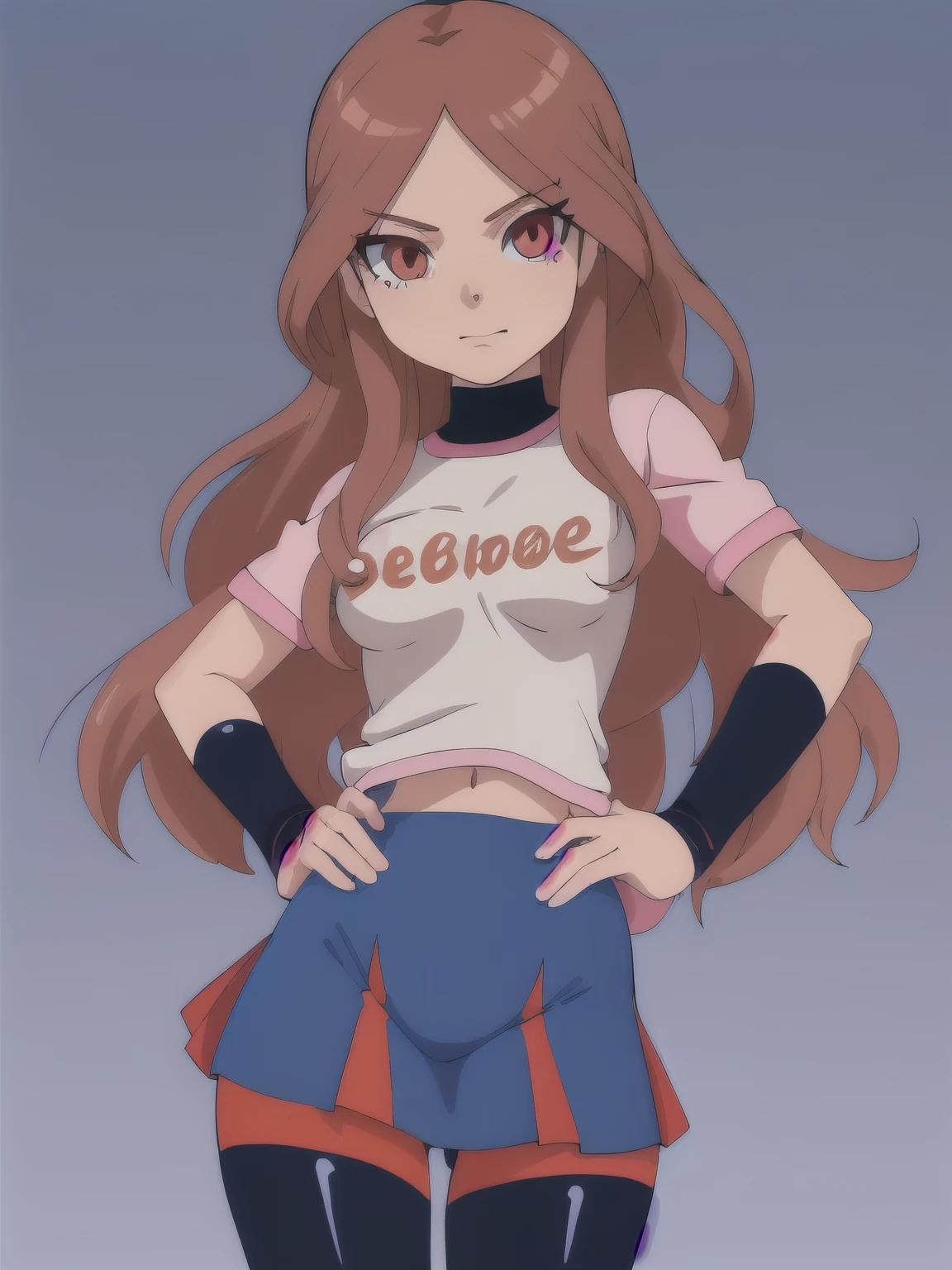 nelly(inazuma_eleven),(best quality:1.1),(ultra detailed:1.1),(detailed eyes:1.1),solo,looking at viewer,sexy,nelly(inazuma_eleven),medium breast,blue leggins,Latex skirt,hand on hips,sexy,big 