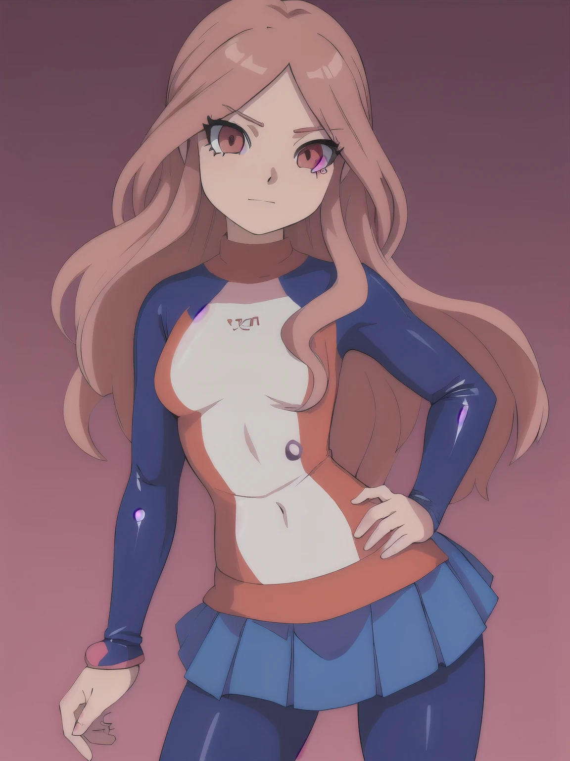 nelly(inazuma_eleven),(best quality:1.1),(ultra detailed:1.1),(detailed eyes:1.1),solo,looking at viewer,sexy,nelly(inazuma_eleven),medium breast,blue leggins,Latex skirt,hand on hips,sexy,big 