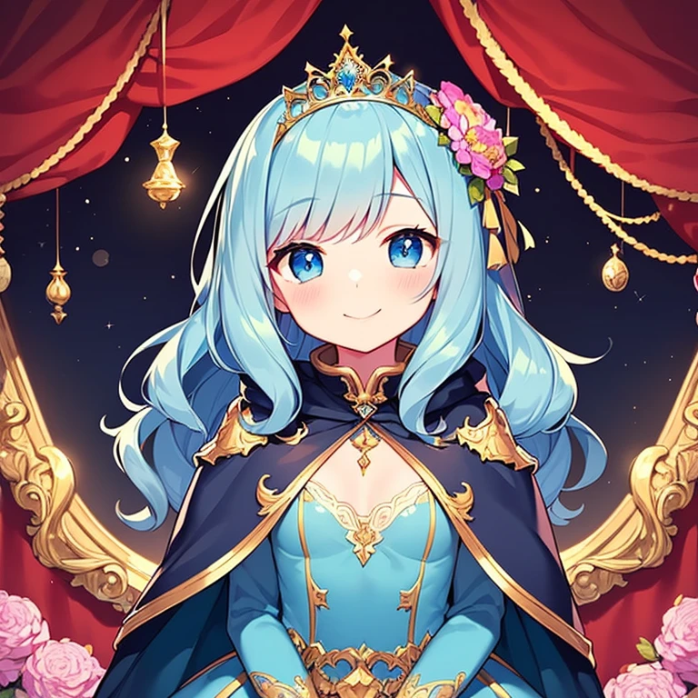 (kawaii),(best quality),(ultra detailed), upper body,(rococo style),(long train deep blue cape:1.15), very long cape,(long train deep blue ball gown with flower decorations:1.05), a girl is wearing a cape over her gown, 1 little princess, tiara, smile, very long hair, small breasts