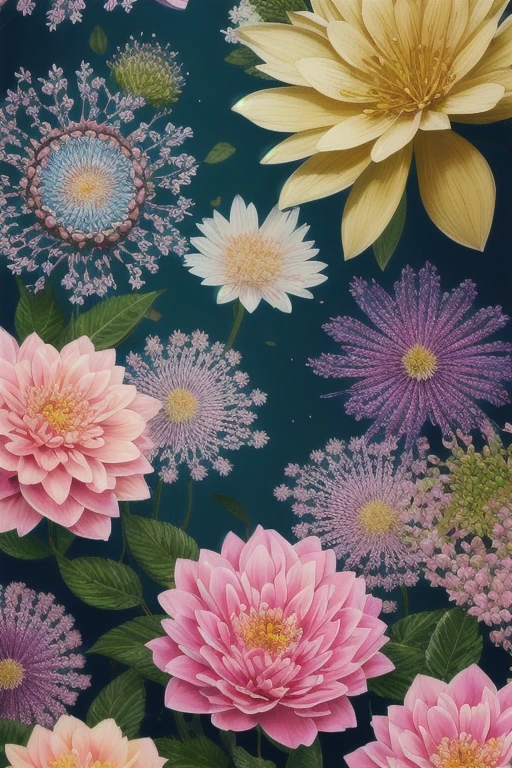 Masterpiece, Top Quality, High Quality, Highly Detailed CG unity 8k wallpaper, Unknown Flowers Like Voynich Manuscript, Beautiful and Colorful, Art Station, Digital Illustration, Intricate, Trend, Pastel Colors, Photorealistic, Very details, trends on art station, CGsociety, intricate, detailed, dramatic, art