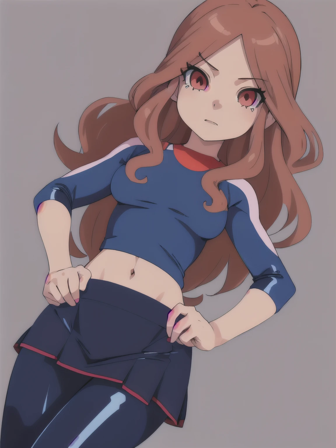 nelly(inazuma_eleven),(best quality:1.1),(ultra detailed:1.1),(detailed eyes:1.1),solo,looking at viewer,sexy,nelly(inazuma_eleven),medium breast,blue leggins,Latex skirt,hand on hips,sexy,big 