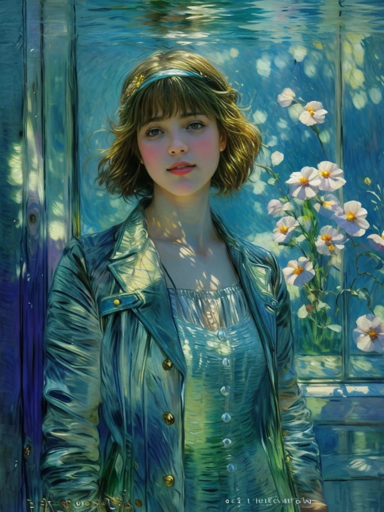 Aquarium with rainbow fish, there is a girl standing behind the glass of the aquarium, Portrait of a 25-year-old girl with long blond hair, dressed in a dress made of light material, standing in a meadow among flowers, Brome art, the image of an epic fantasy character, portrait of a character, fantasy art, works by Richard Schmid, A.Mucha, Volegov, impressionism, your crush
