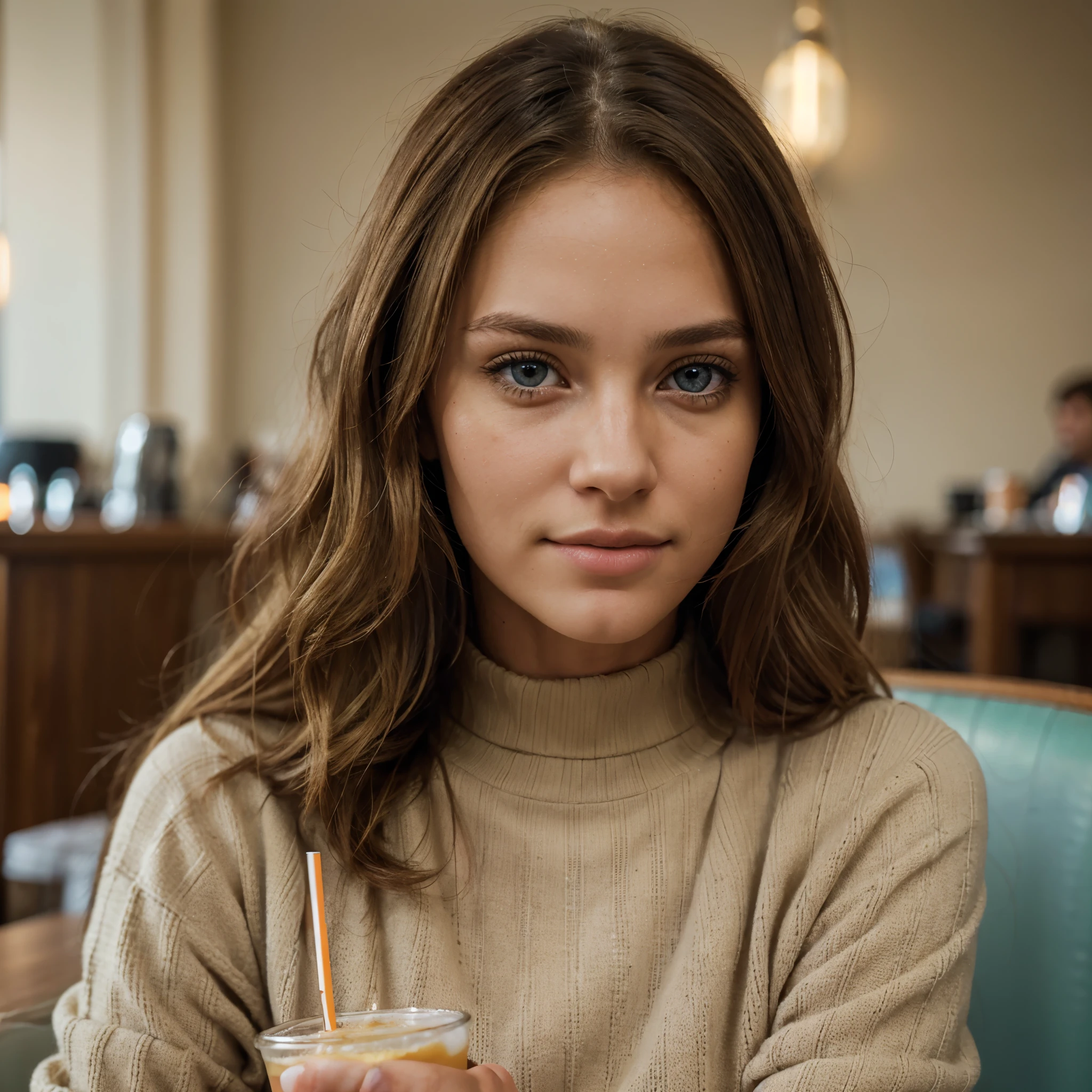 Beautiful brunette with blonde locks in a beige sweater (drinking soda in a cafe), very detailed, 22, innocent face, natural wavy hair, Blue eyes, a high resolution, masterpiece, Best quality, complex high detail, very detailed, sharp focus, detailed skin, realistic skin texture, texture, detailed eyes, professional, 4k, Charming smile, shot on Canon, 85 mm, shallow depth of field, Цвет Kodak Vision, perfectly toned body, Extremely detailed, photor_\(ultra\), photorealistic, realistic, Treatment after, maximum details, roughness, real life, ultra realist, photorealism, photo, 8K UHD, photo