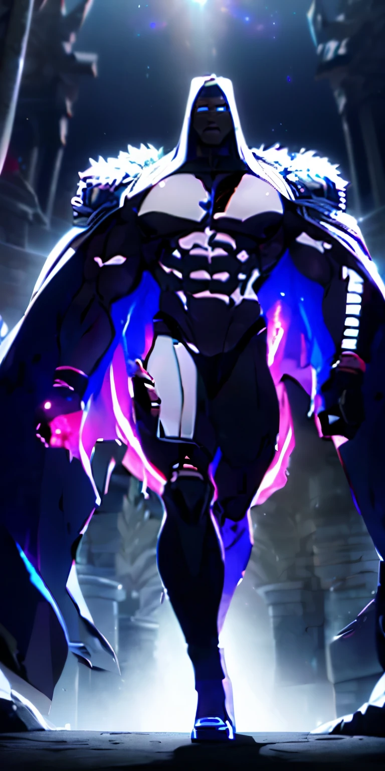 create a a Divine general God wearing a all white military uniform with all black cosmic Galaxy skin walking through a dark Temple with dreamlike fog. black fur cape. (Male), strong jawline, 10 pack abs, (black cosmic colored skin), (masculine body type).huge muscles, exaggerated muscles, mature man, muscle swelling, bodybuilding, chest muscles, abdominal muscles, 