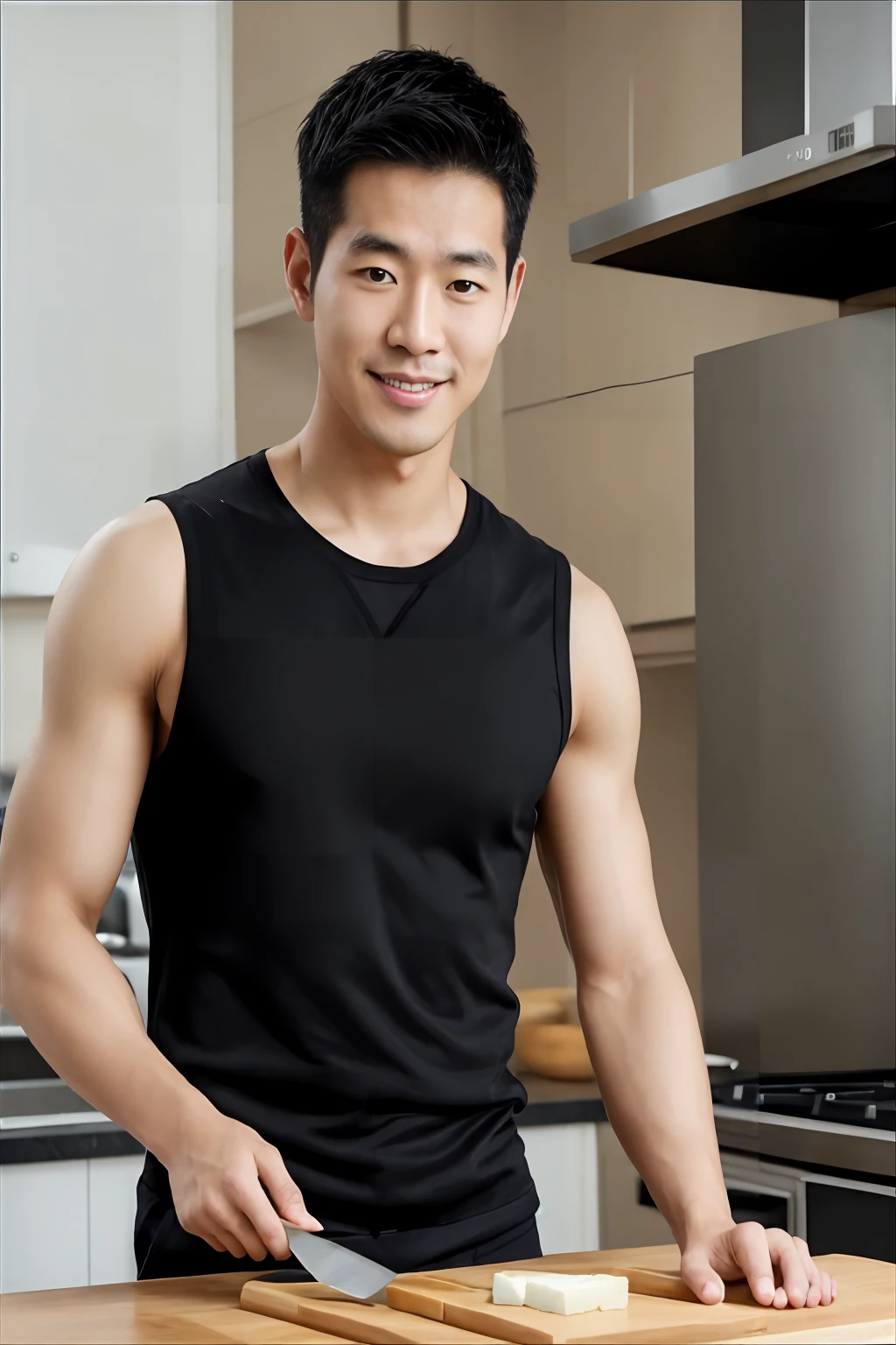 arafed Asian in black shirt cutting up a piece of cheese, Korean male, Asian Men, Handsome chad chin, Wearing a vest, Asian, Handsome male, Tight black vest, Wear a vest, Handsome man, Wearing a vest, a Handsome man,Black short hair, 3 2-year-old boy, Handsome, Attractive men