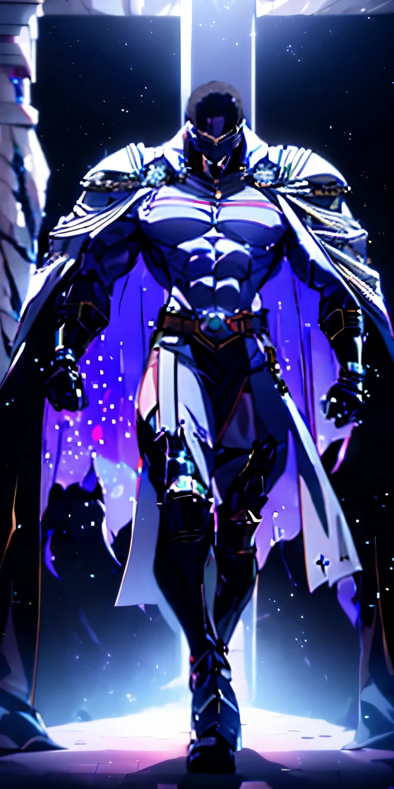 create a a Divine general God wearing a all white military uniform with all black cosmic Galaxy skin walking through a dark Temple with dreamlike fog. black fur cape. (Male), strong jawline, 10 pack abs, (black cosmic colored skin), (masculine body type).huge muscles, exaggerated muscles, mature man, muscle swelling, bodybuilding, chest muscles, abdominal muscles, 